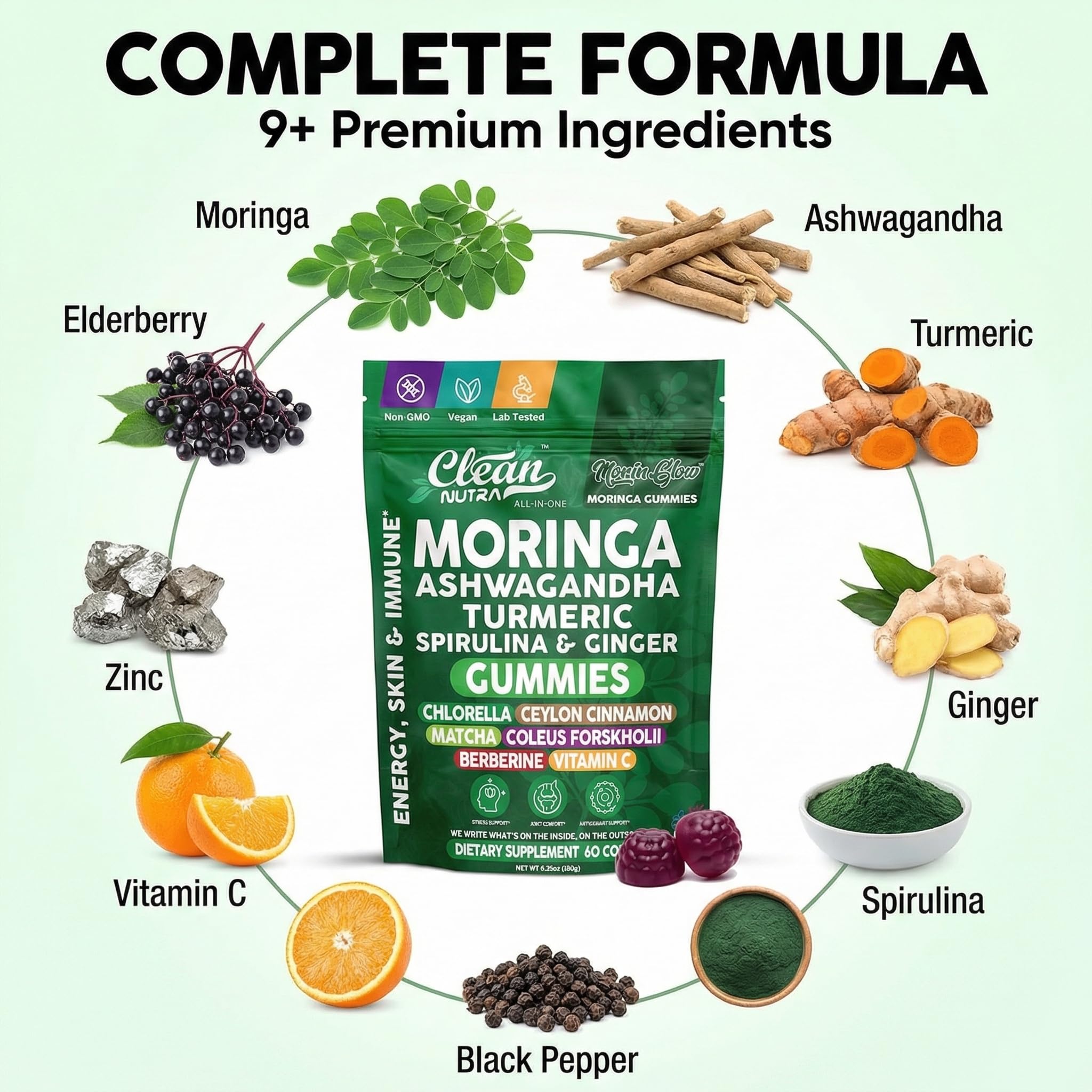 Gominola Clean Nutra Moringa en primer plano, textura masticable y fácil consumo sin cápsulas.