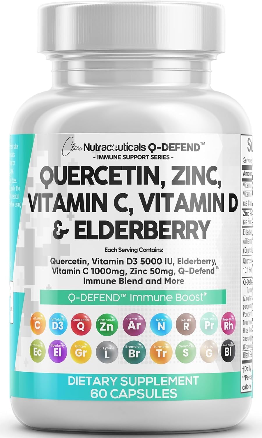 Q Defend de Clean Nutra, cápsulas visibles, apoyo diario a la inmunidad y vitalidad.