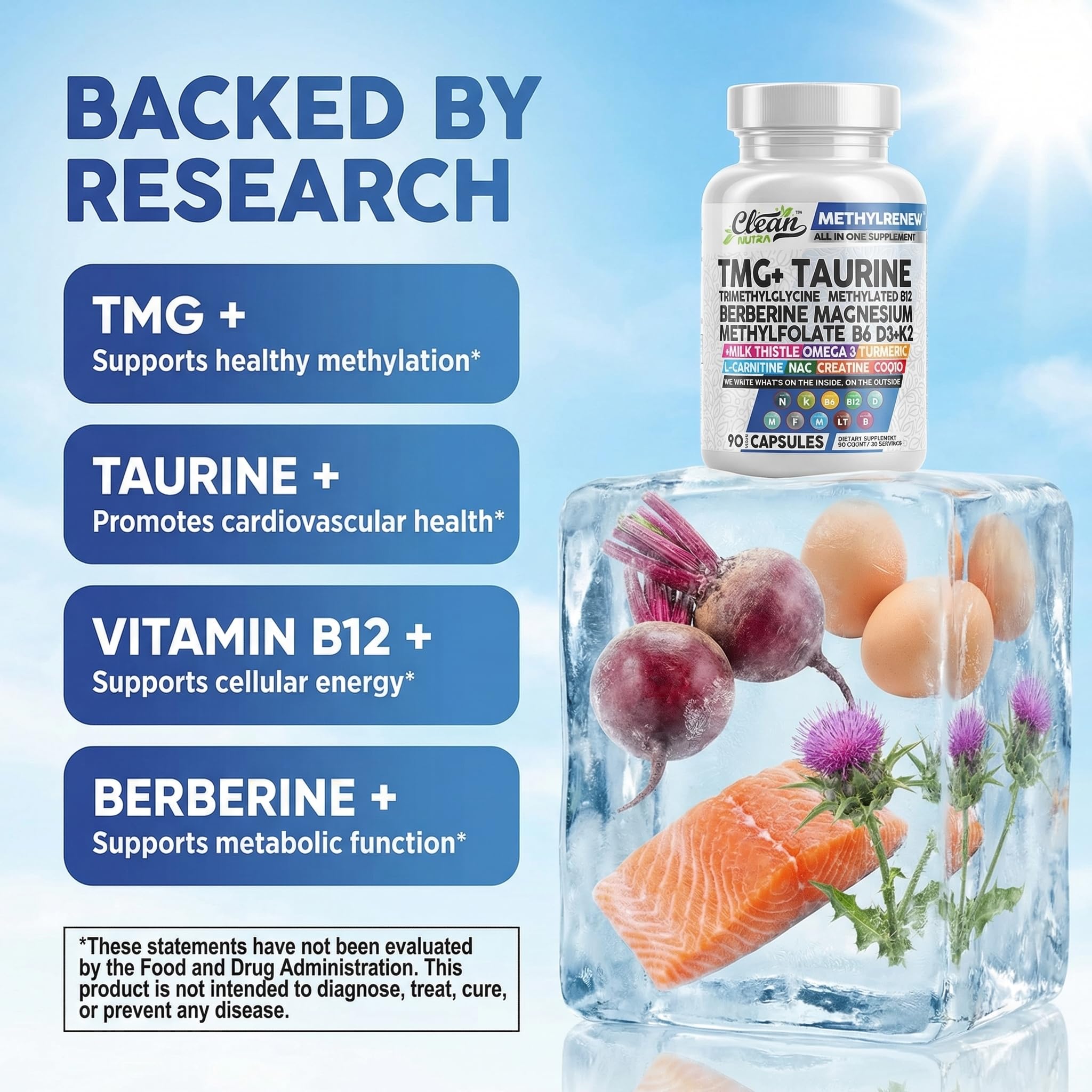 Clean Nutra TMG 1000mg, etiqueta frontal con lista de nutrientes.