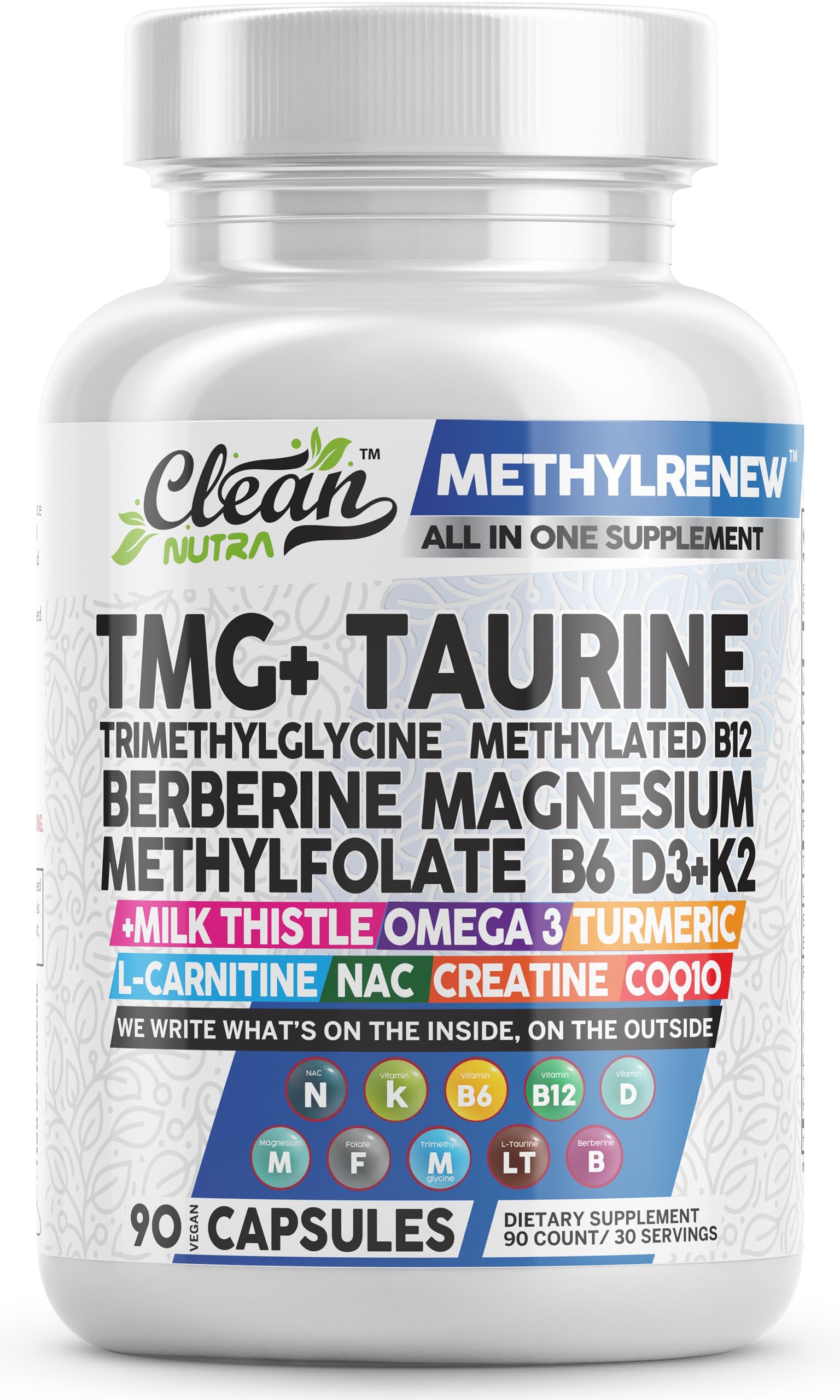 Clean Nutra TMG 1000mg, botella de suplemento para energía diaria.