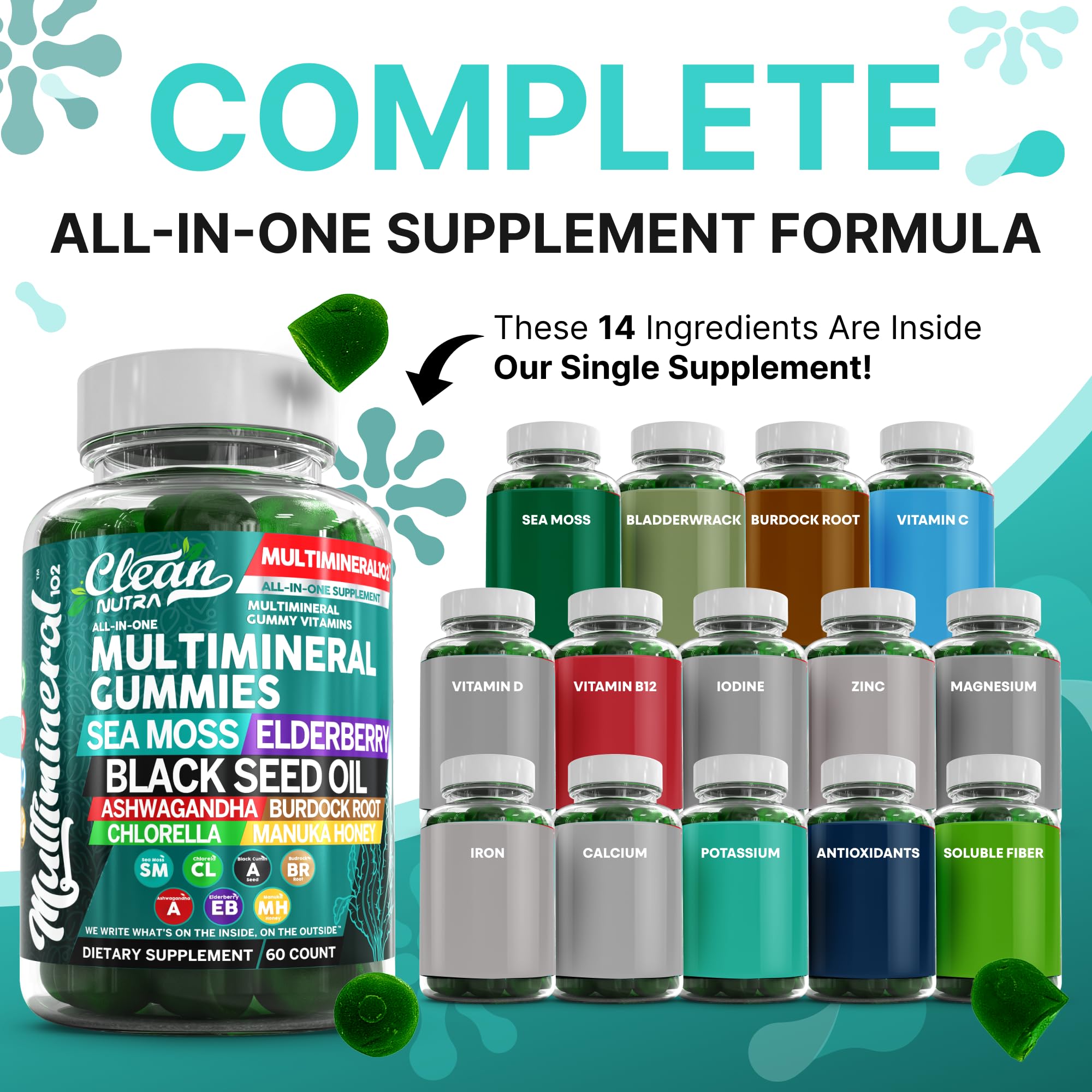 Gomitas Clean Nutraceuticals de musgo de mar, sabor manzana verde, opción vegana.