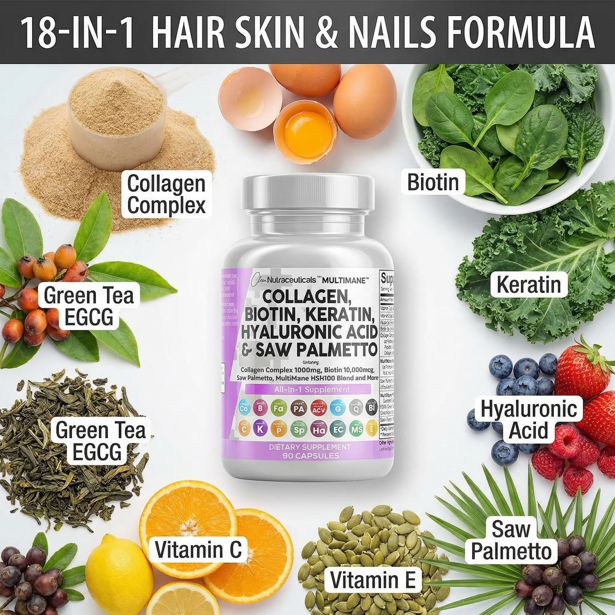 Ácido hialurónico Clean Nutraceuticals para hidratación de piel y uñas.