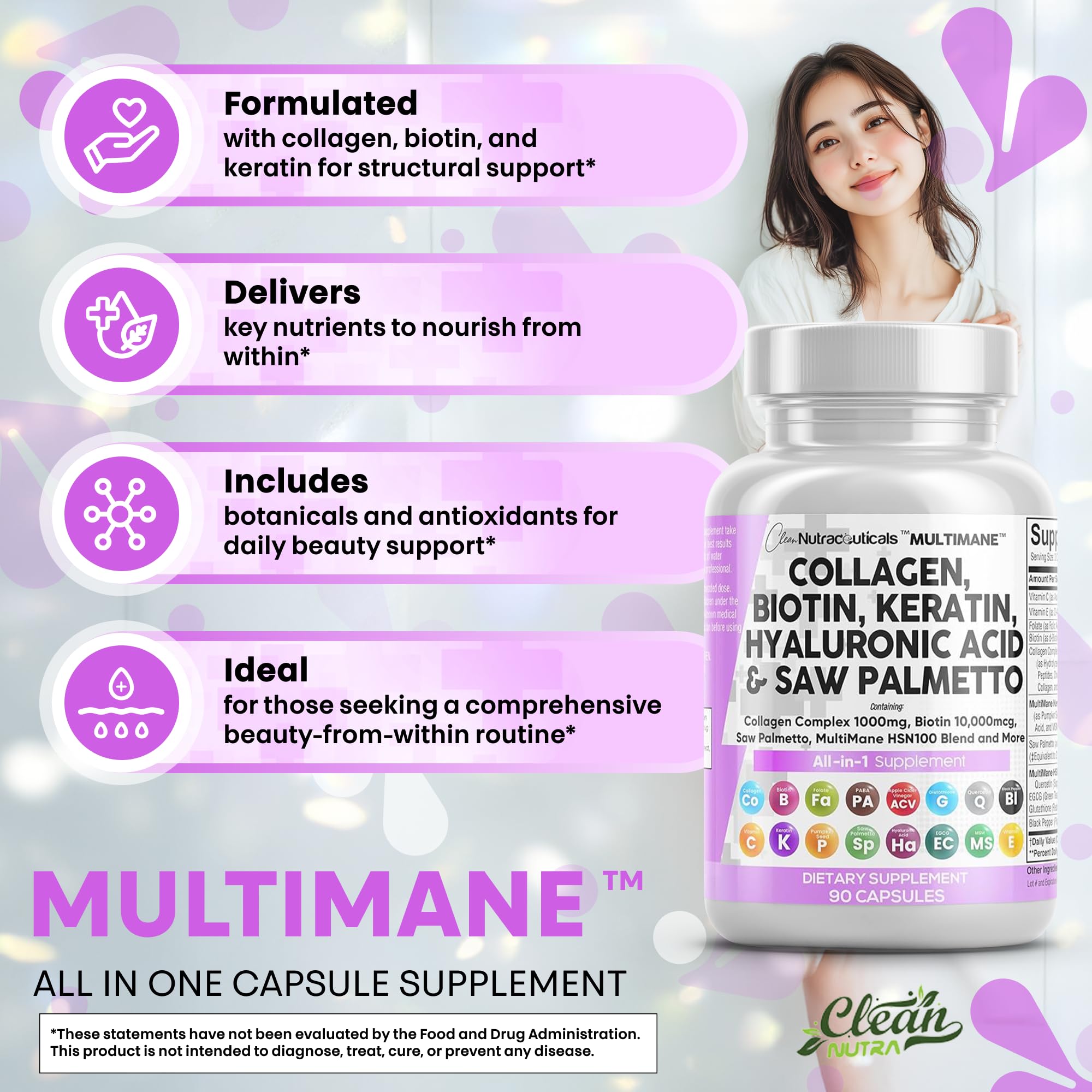 Clean Nutraceuticals: ácido hialurónico en frascos, hidratación de piel y cabello