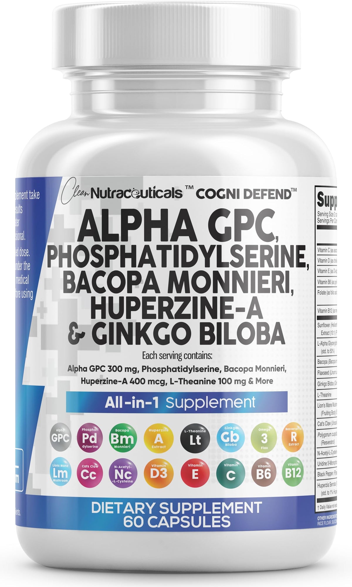 Alpha GPC 300 mg de Clean Nutraceuticals, cápsulas para enfoque diario y claridad mental.