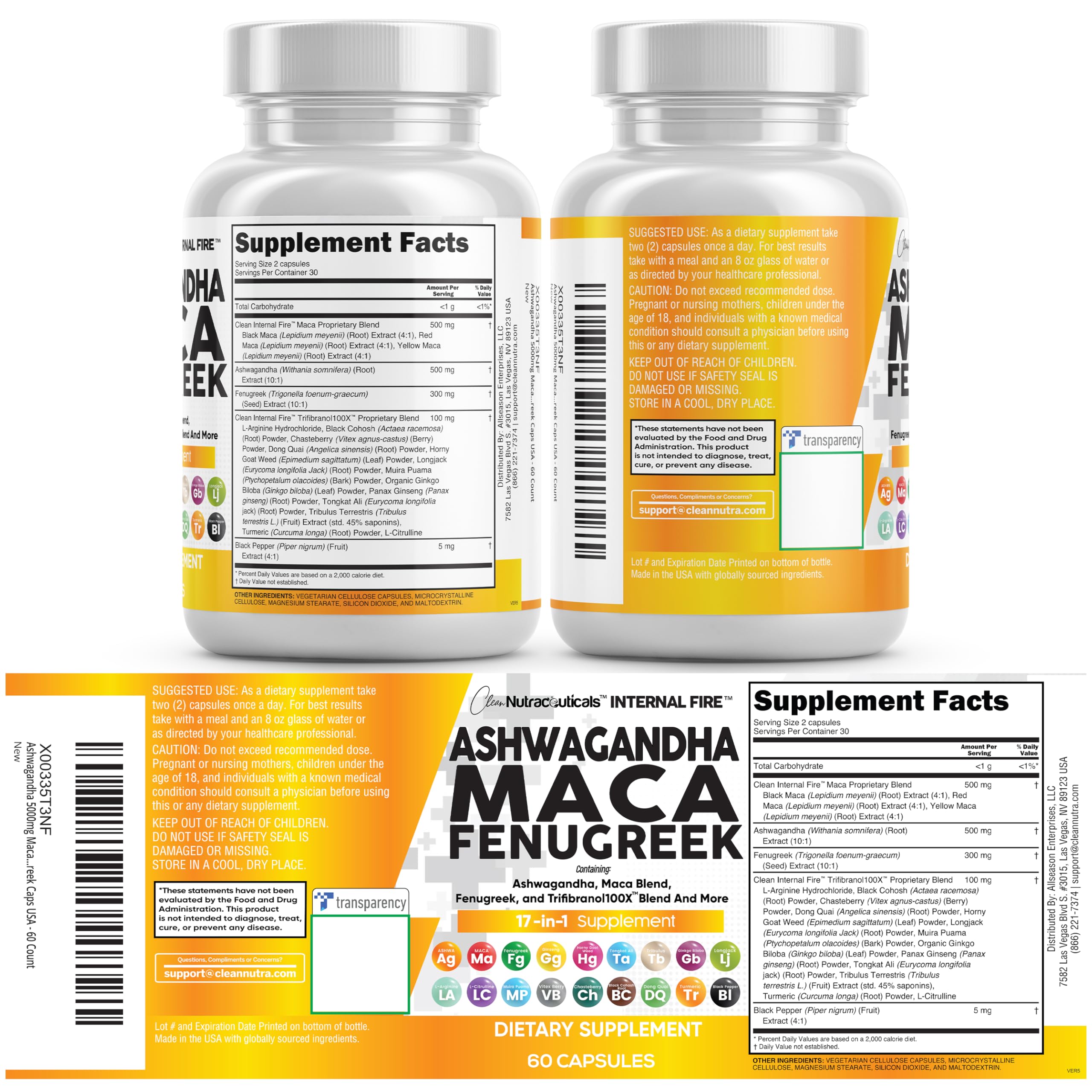 Clean Nutraceuticals Ashwagandha Maca, presentación de un envase para uso diario