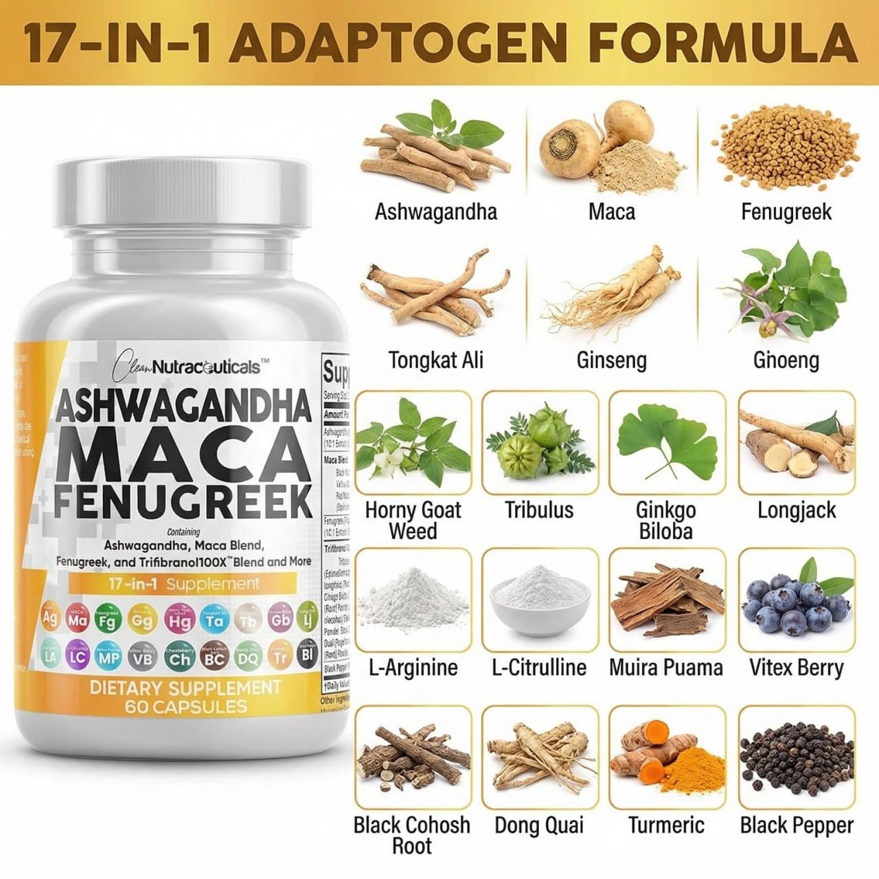 Clean Nutraceuticals Ashwagandha Maca, Tongkat Ali y Ginseng visibles en la etiqueta