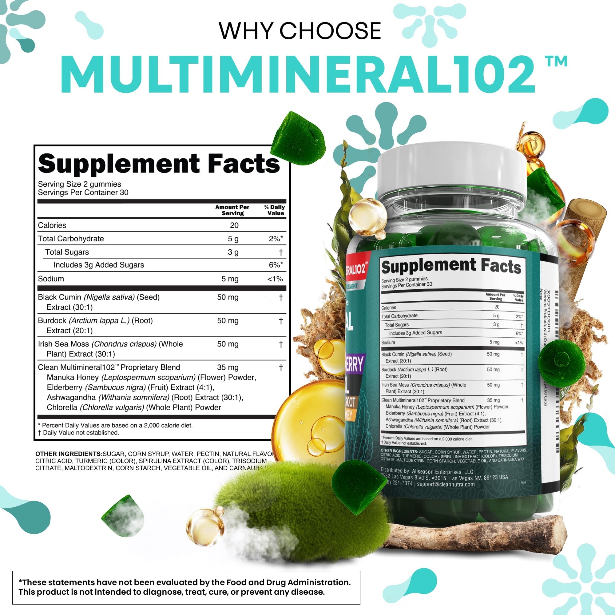 Gomitas Clean Nutraceuticals con bayas de saúco, color intenso.