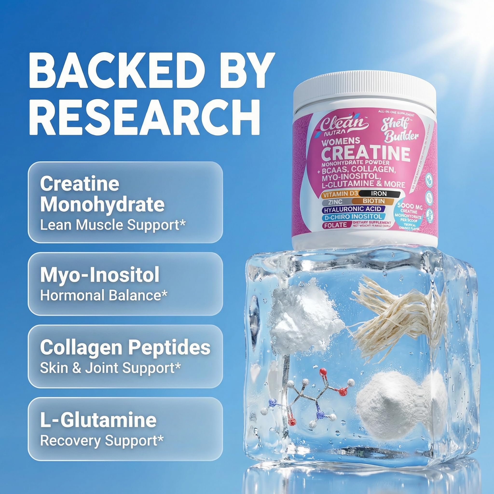 Clean Nutraceuticals creatina para mujeres, etiqueta con ingredientes y beneficios