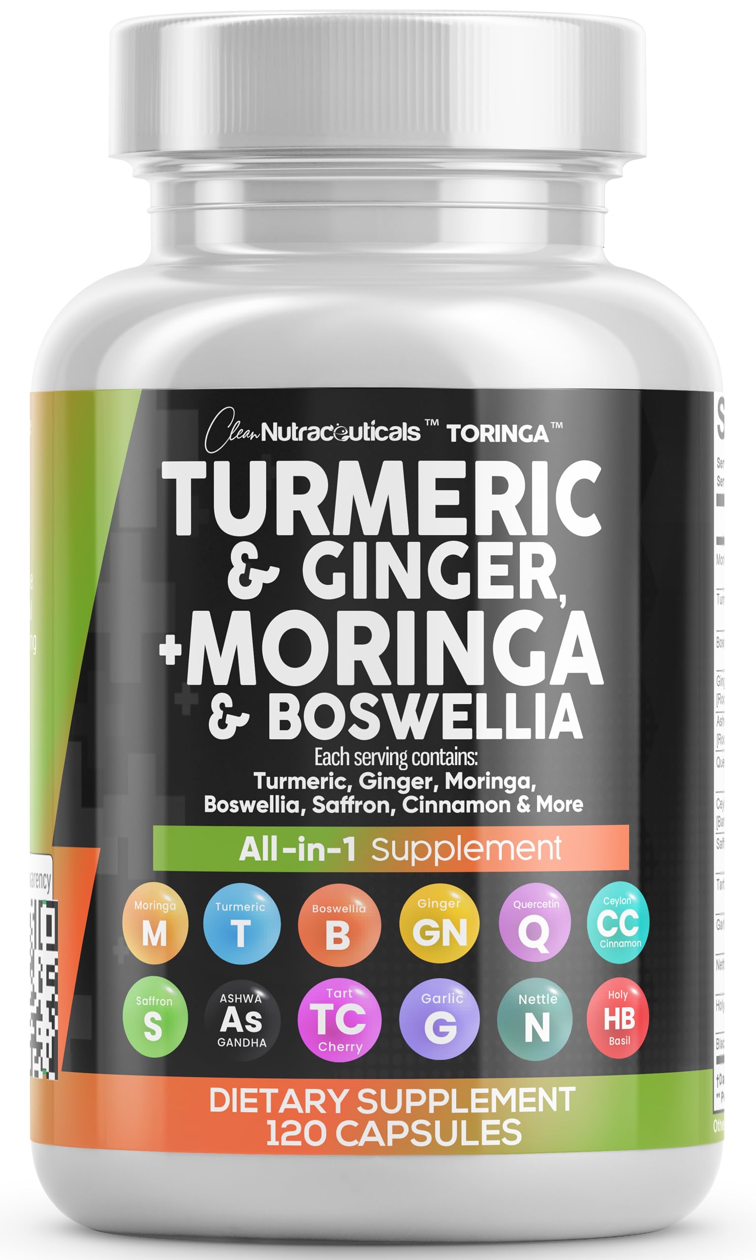 Clean Nutraceuticals cúrcuma moringa, botella frontal: fácil integración a la rutina diaria.