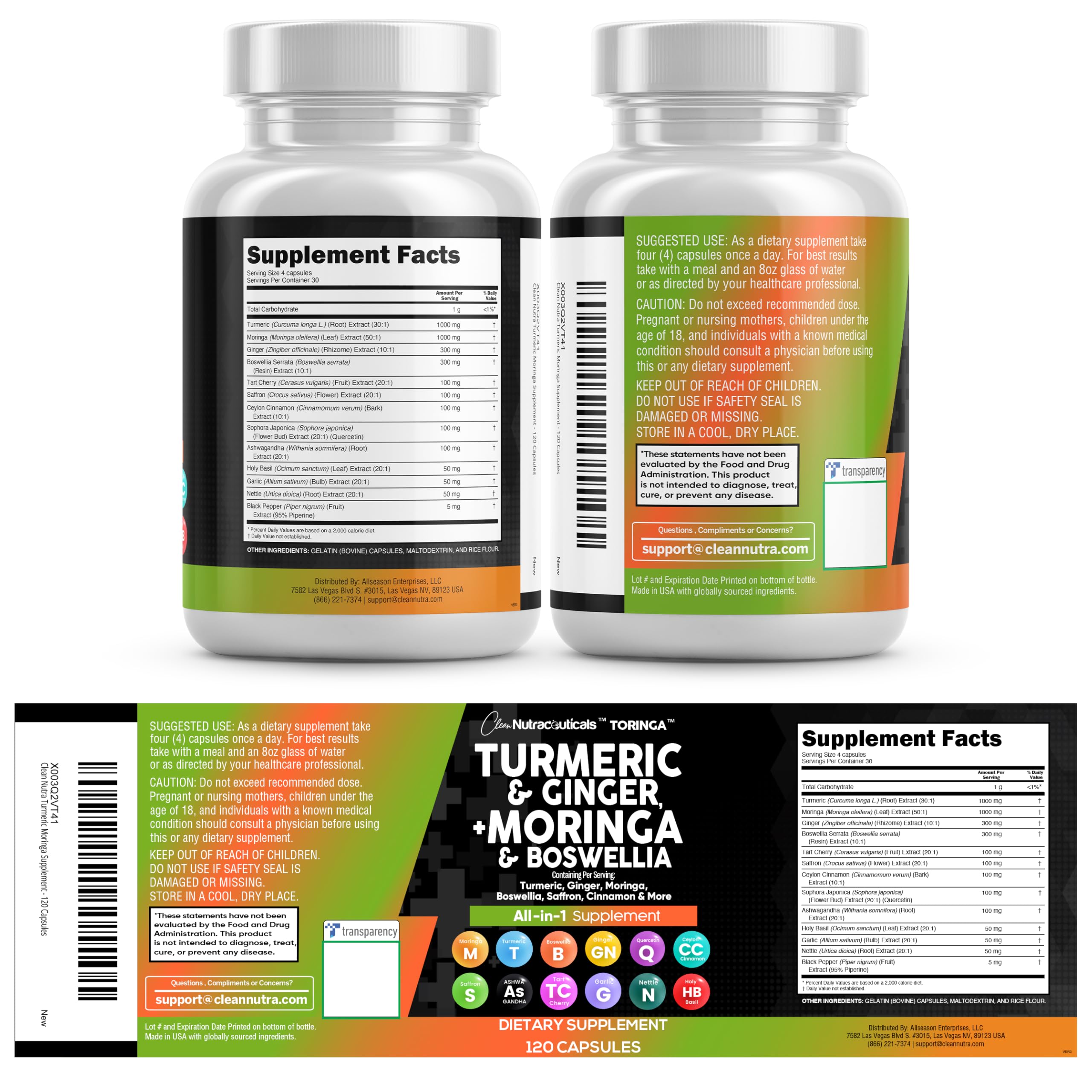 Clean Nutraceuticals cúrcuma moringa, empaque con sello de calidad que inspira confianza.