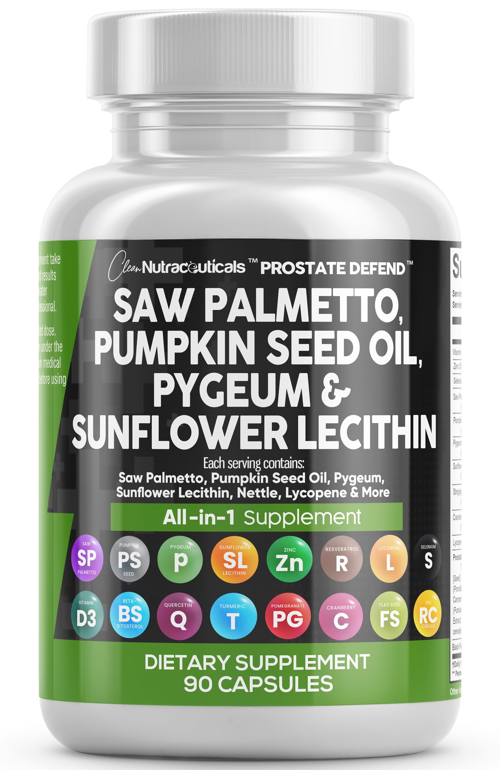 Clean Nutraceuticals Defensa Prostata frasco vertiendo, apoyo diario a la salud urinaria.