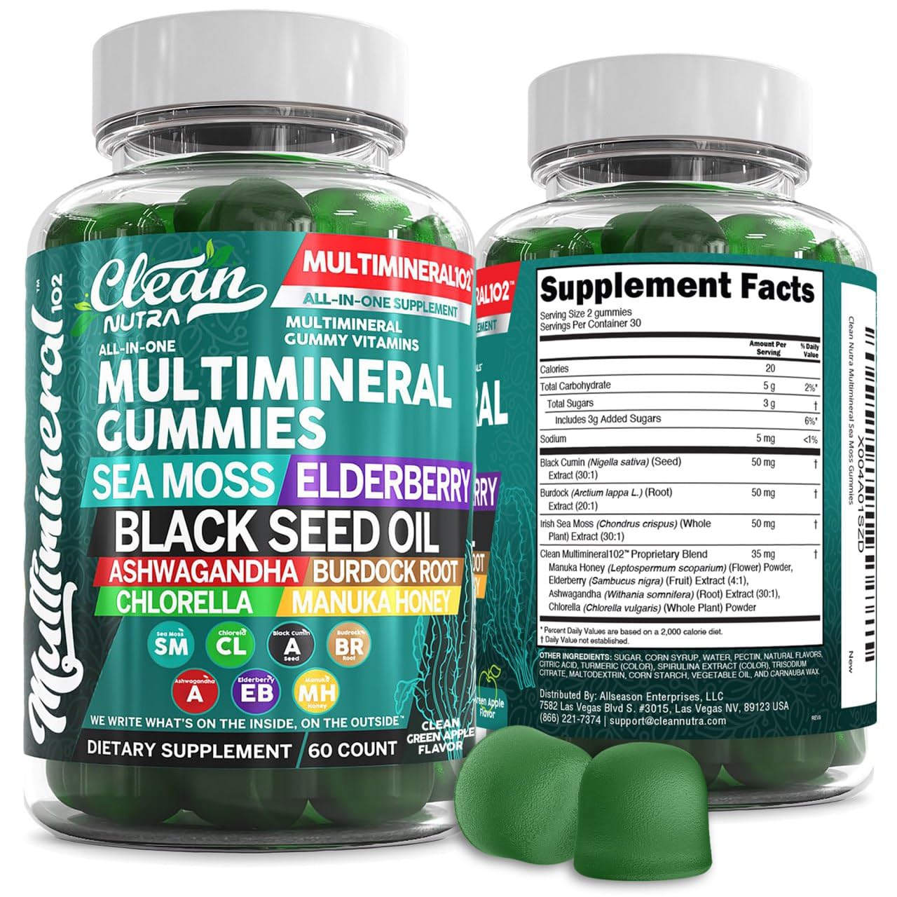 Gomitas musgo de mar Clean Nutraceuticals en frasco, fáciles de consumir.
