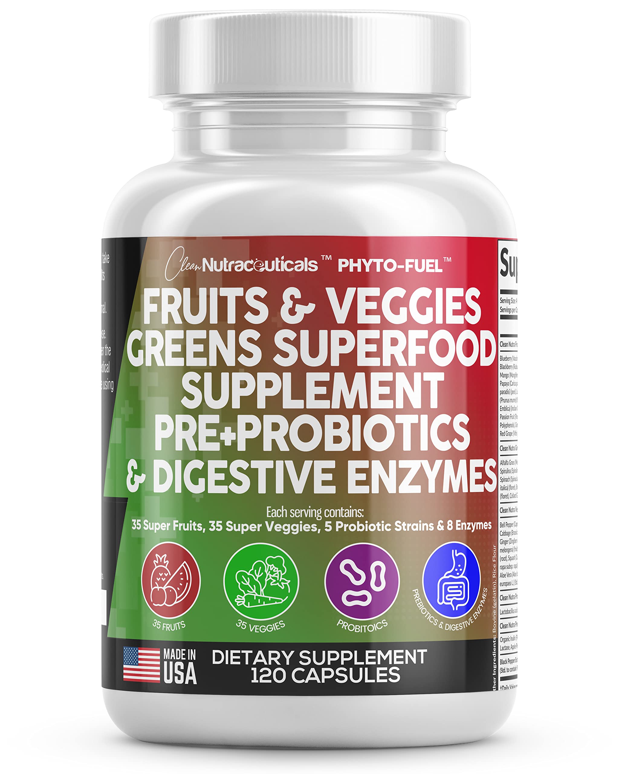 Botella de Clean Nutraceuticals Frutas y Verduras para nutrición diaria.