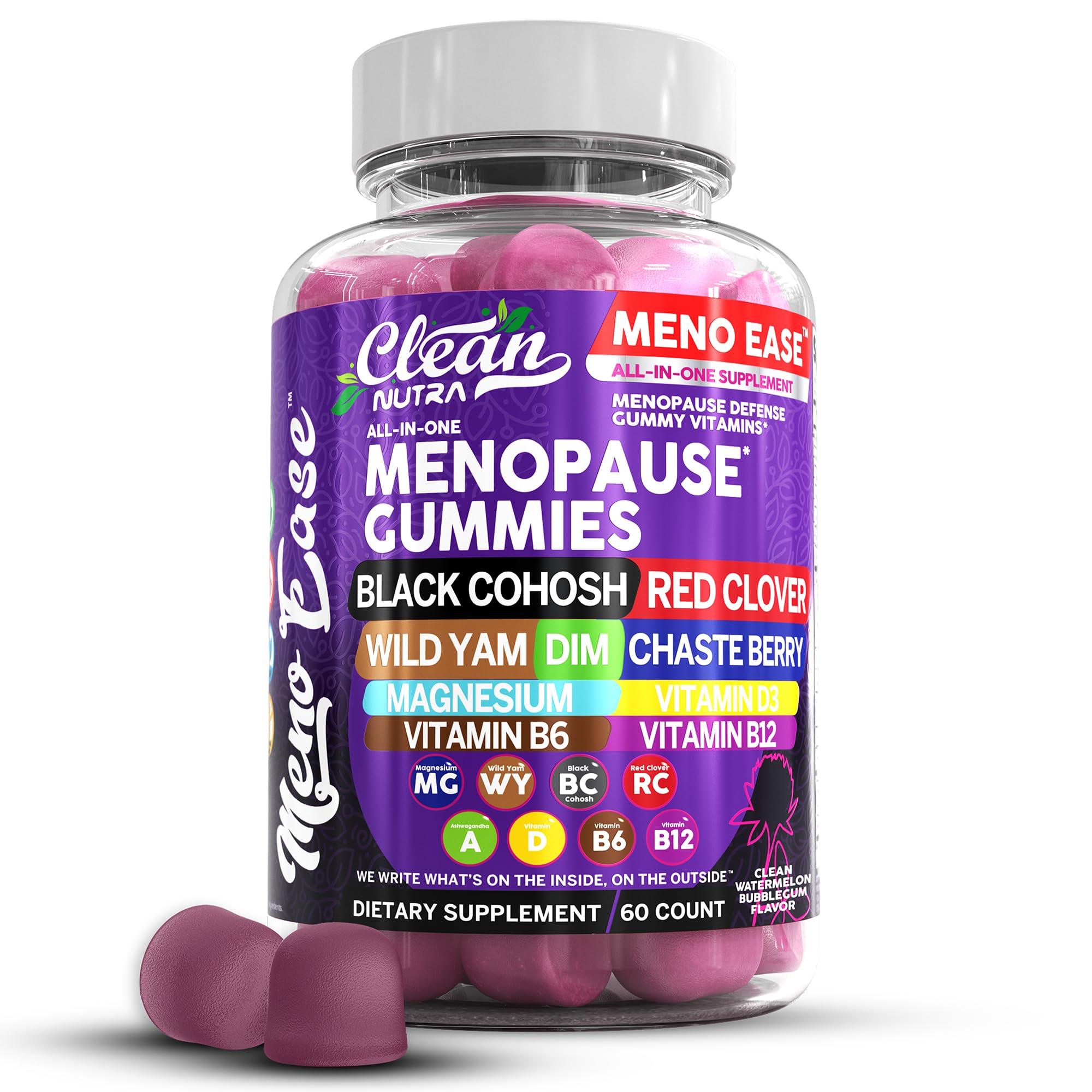 Gominolas de Clean Nutraceuticals para menopausia en botella, apoyo diario para el bienestar.