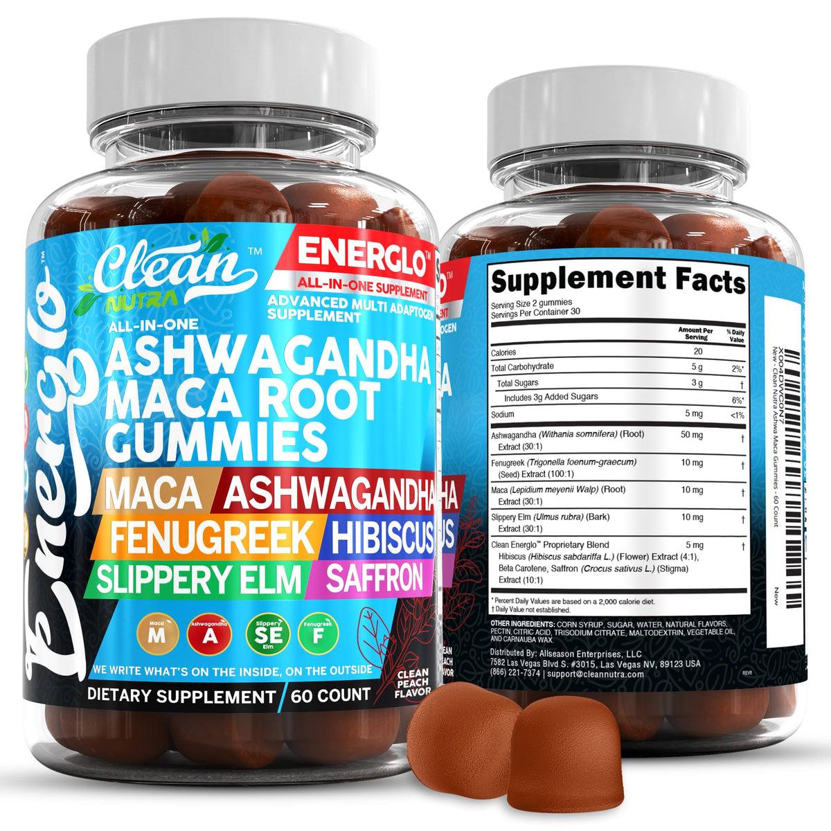Gomitas de Clean Nutraceuticals Ashwagandha y Maca en durazno, energía diaria.