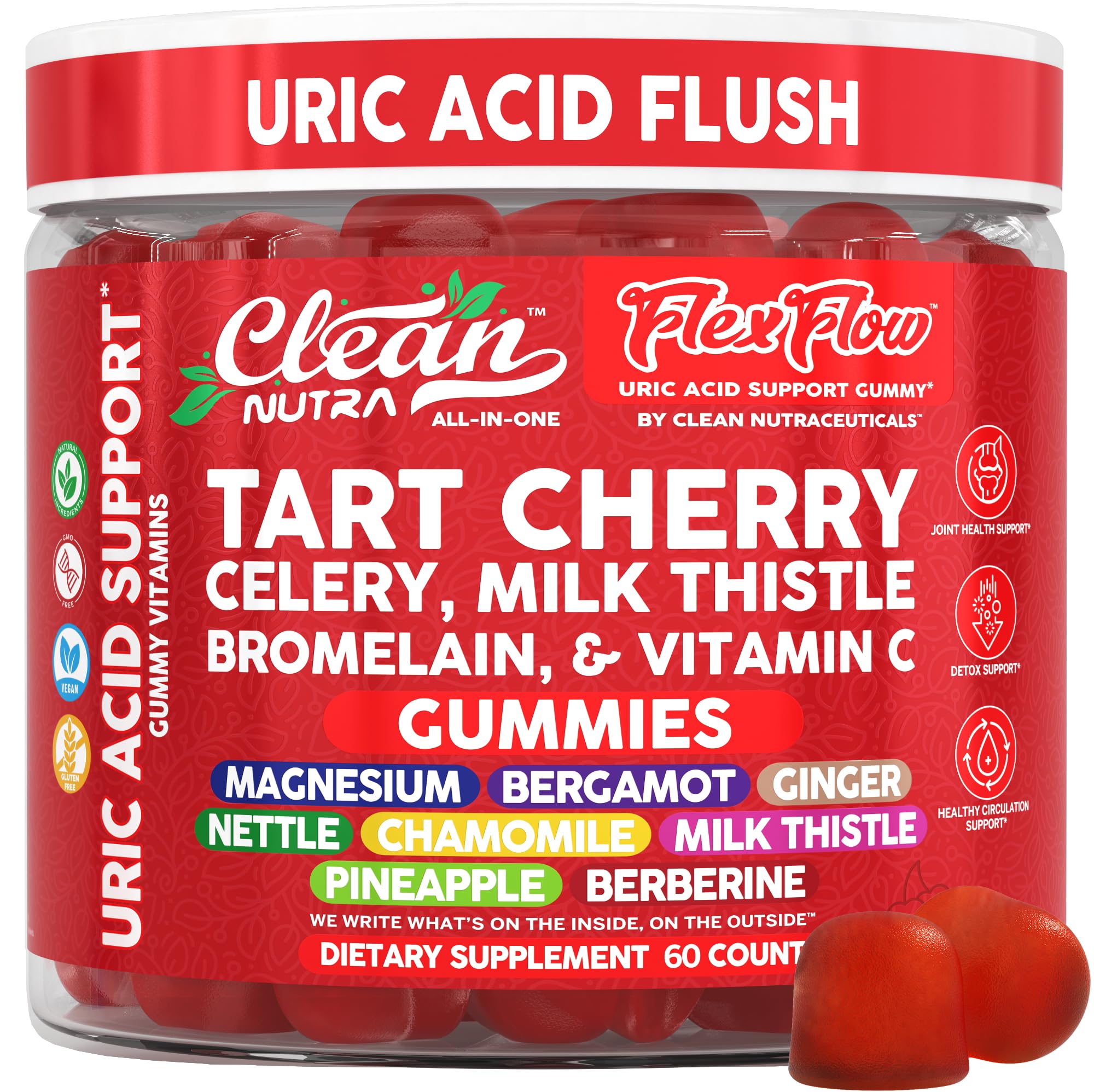Clean Nutraceuticals Gomitas Cereza Ácida frente: sabor intenso y apoyo diario para movilidad.