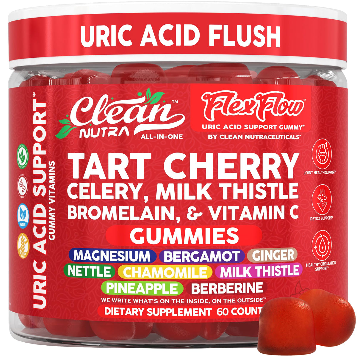 Clean Nutraceuticals Gomitas Cereza Ácida frente: sabor intenso y apoyo diario para movilidad.