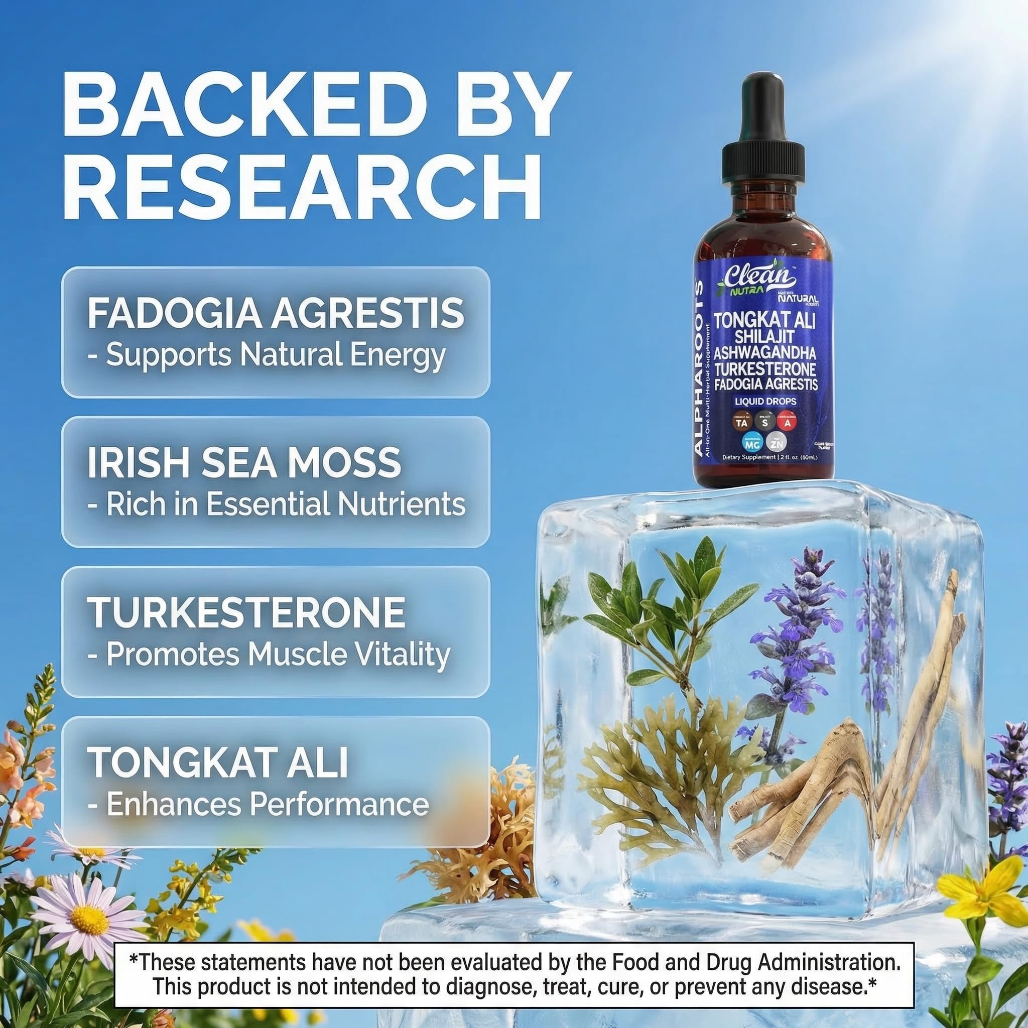 Clean Nutraceuticals gotas Ashwagandha en primer plano, apoyo al bienestar general