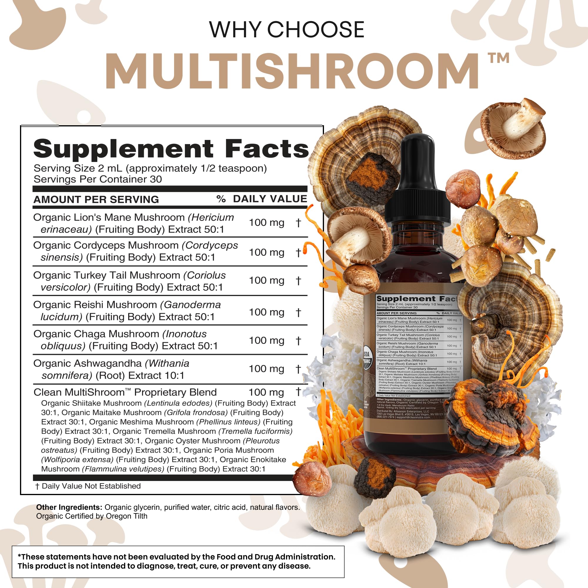 Gotas Clean Nutraceuticals hongo chaga, uso diario para cuidado integral.