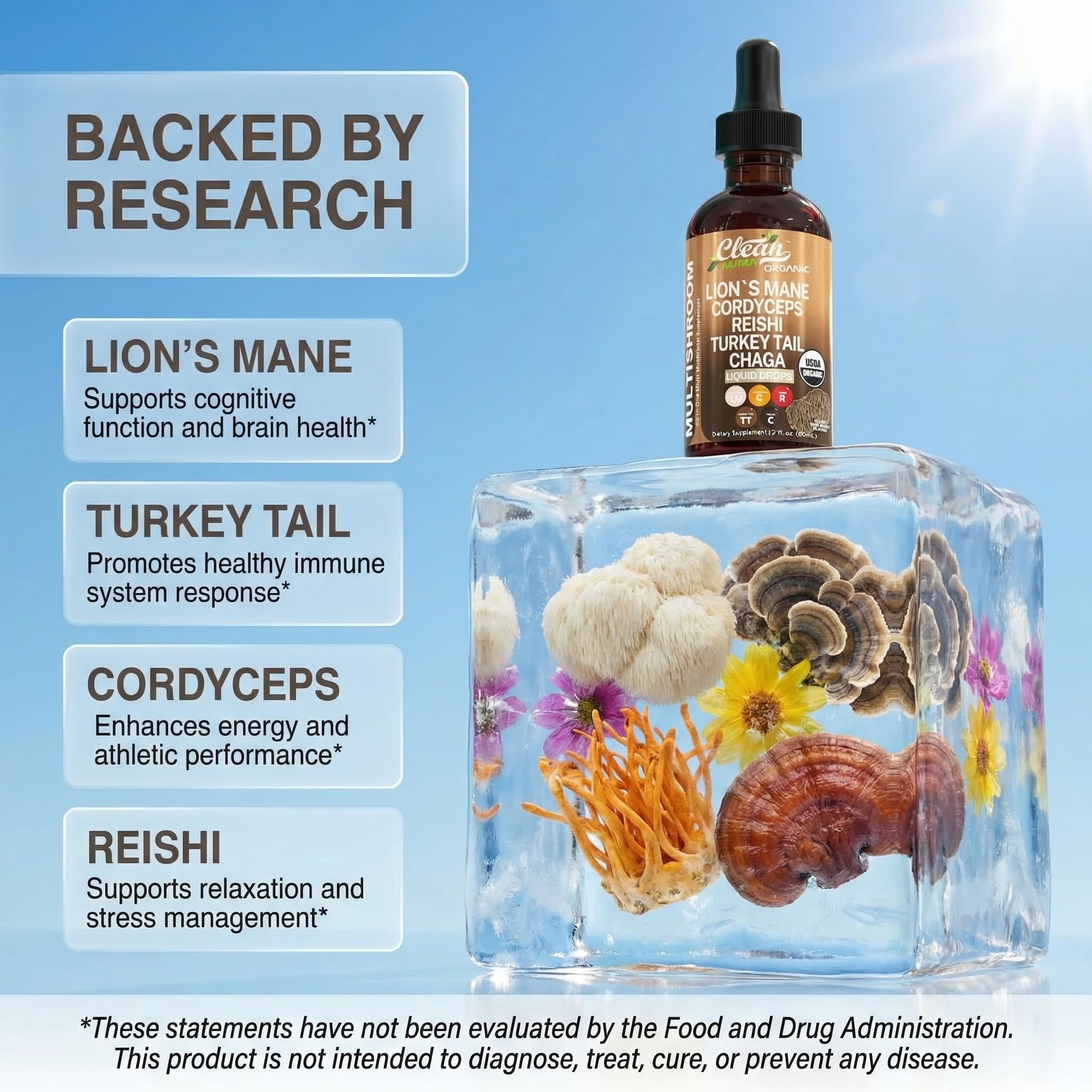 Gotas Clean Nutraceuticals hongo cordyceps, impulso de energía para días activos.