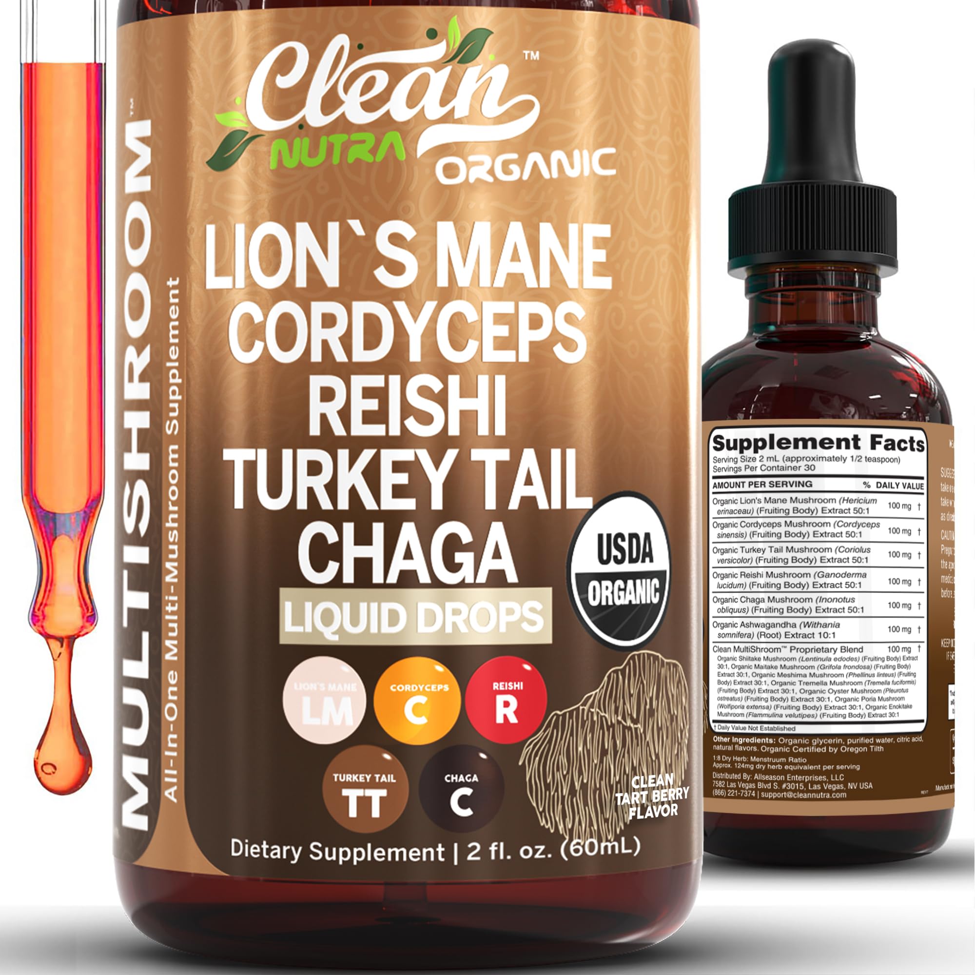 Clean Nutraceuticals gotas hongo melena de león, enfoque suave para energía e inmunidad.
