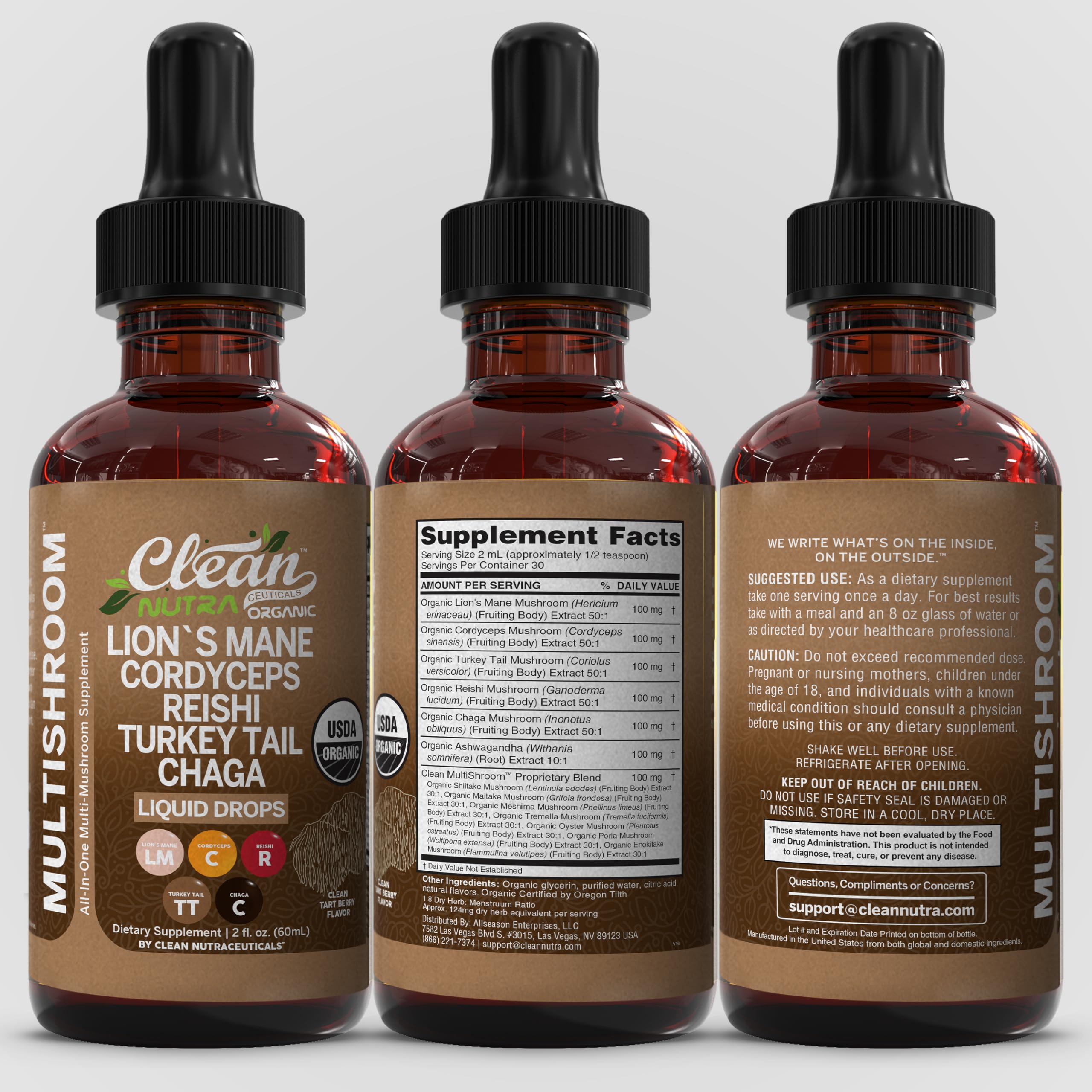 Gotas Clean Nutraceuticals hongo ostra, uso familiar para bienestar diario.