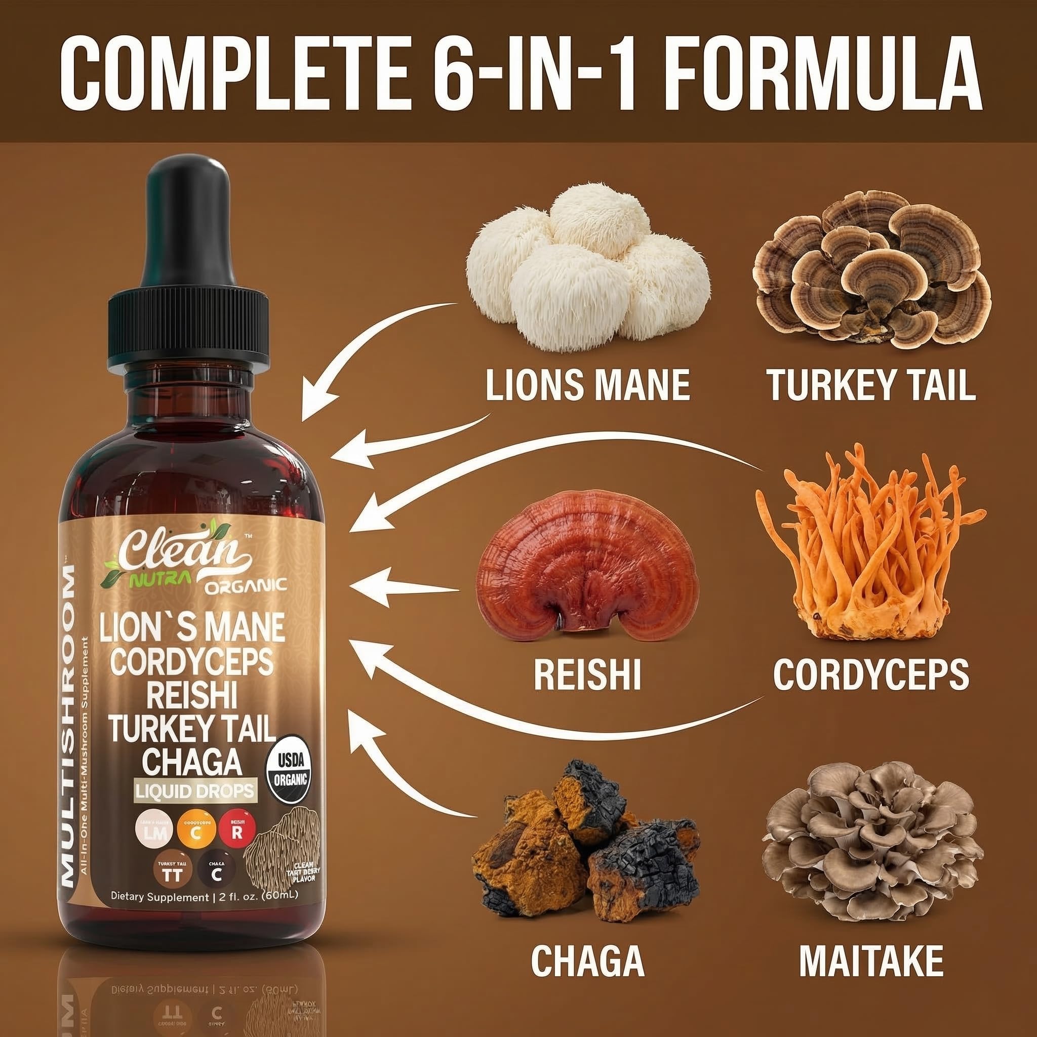 Gotas Clean Nutraceuticals hongo reishi, apoyo a la relajación y bienestar general.