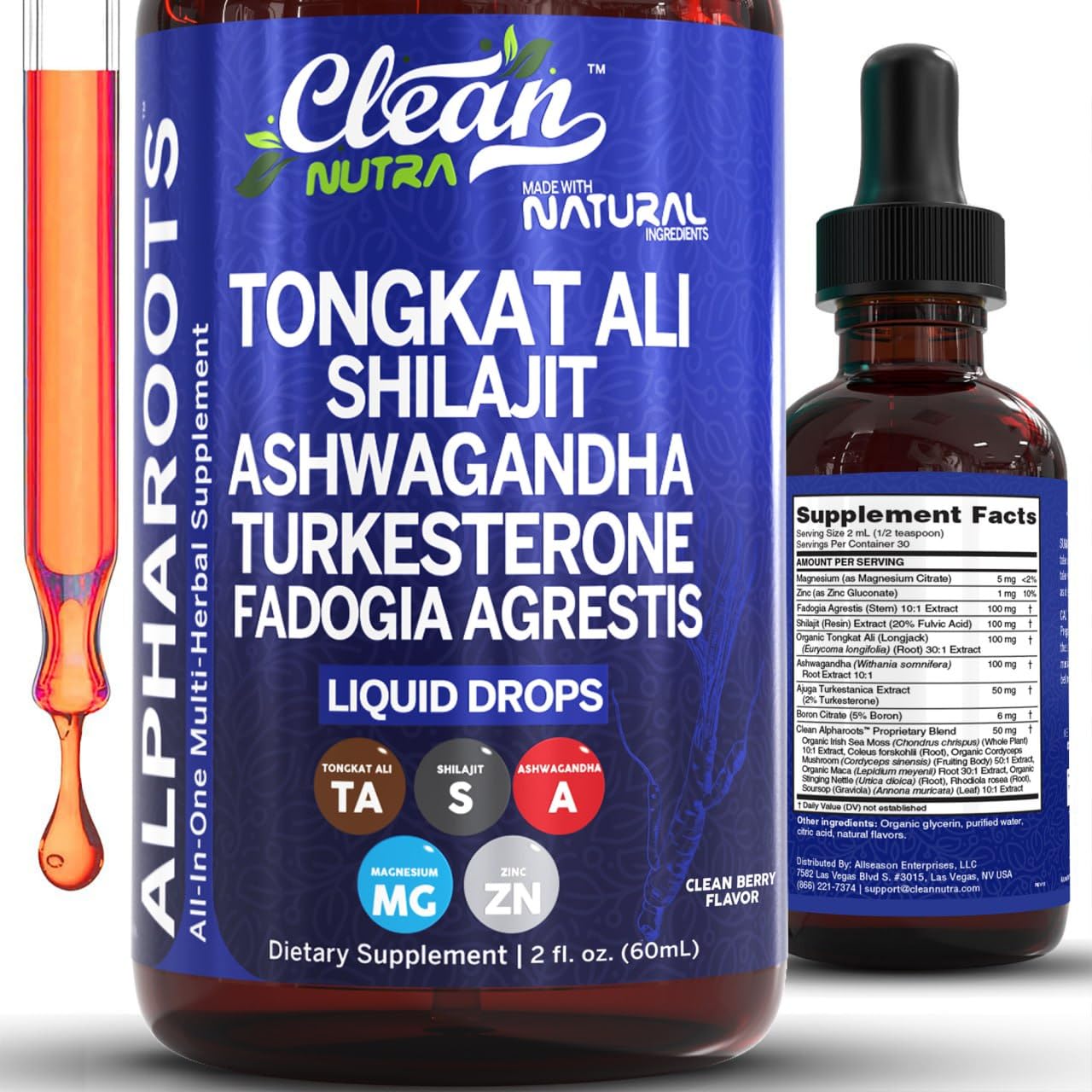 Clean Nutraceuticals gotas Tongkat Ali en frasco volcado para energía diaria sostenida