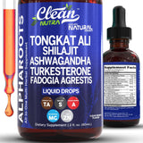 Clean Nutraceuticals gotas Tongkat Ali en frasco volcado para energía diaria sostenida