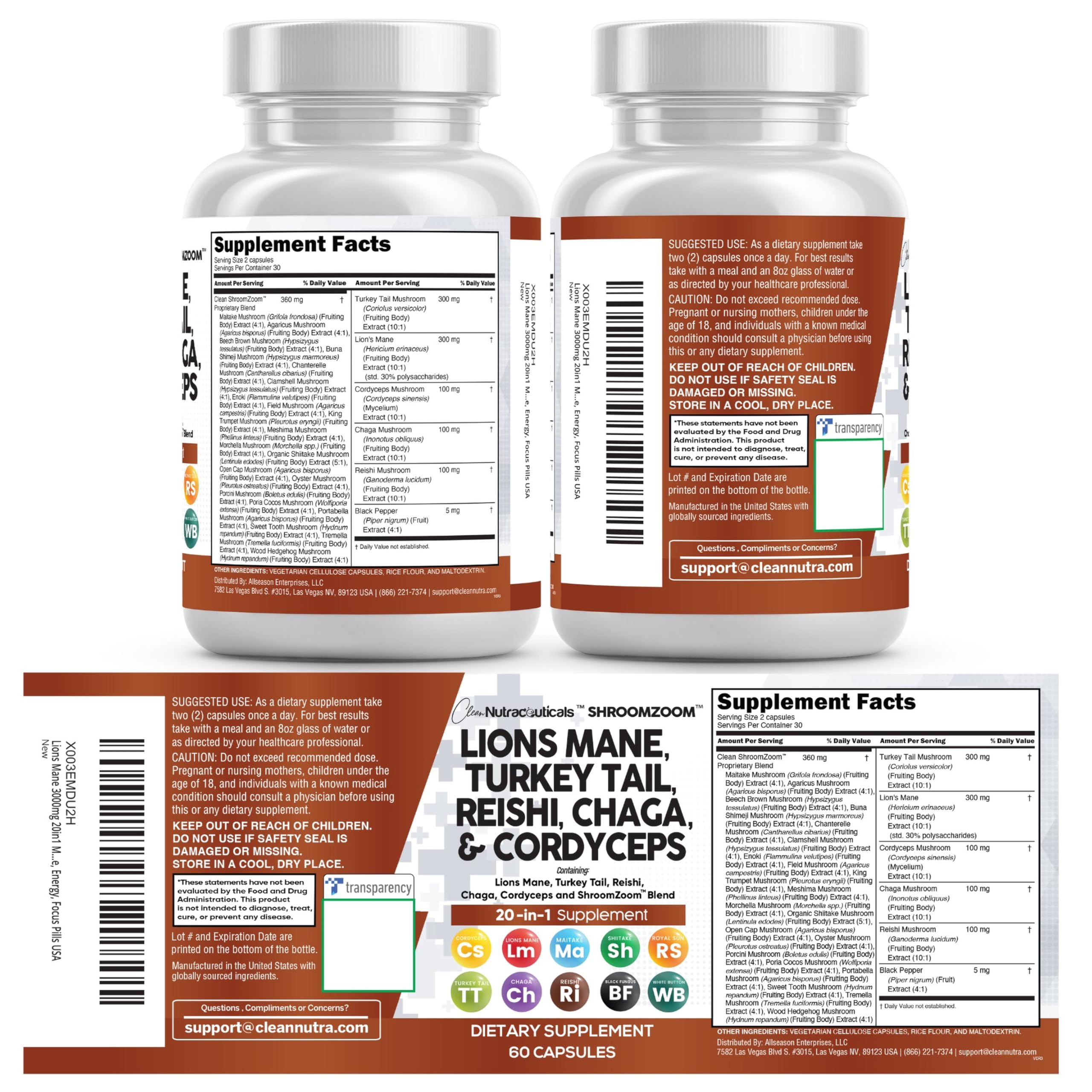 Clean Nutraceuticals hongo multiuso cápsulas para variedad y conveniencia