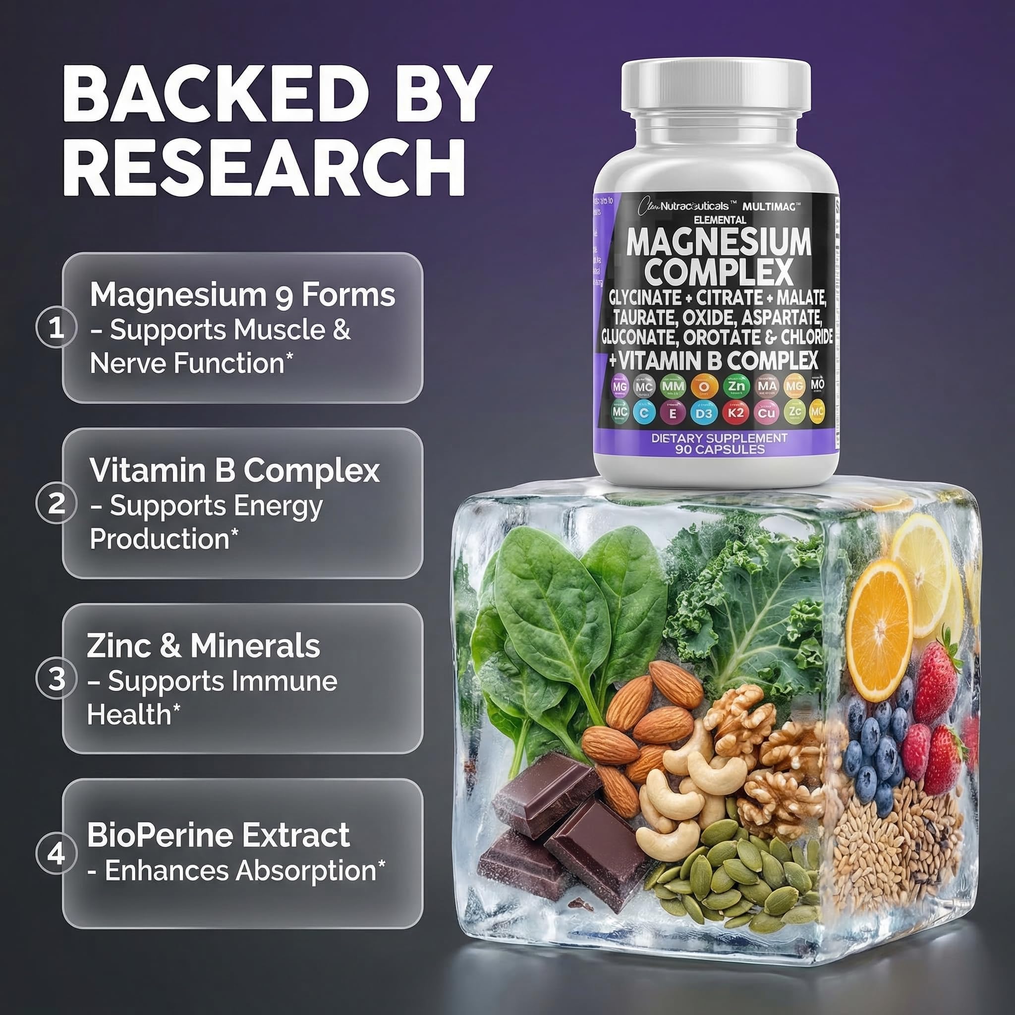 Clean Nutraceuticals MultiMag: etiqueta clara con lista de ingredientes clave