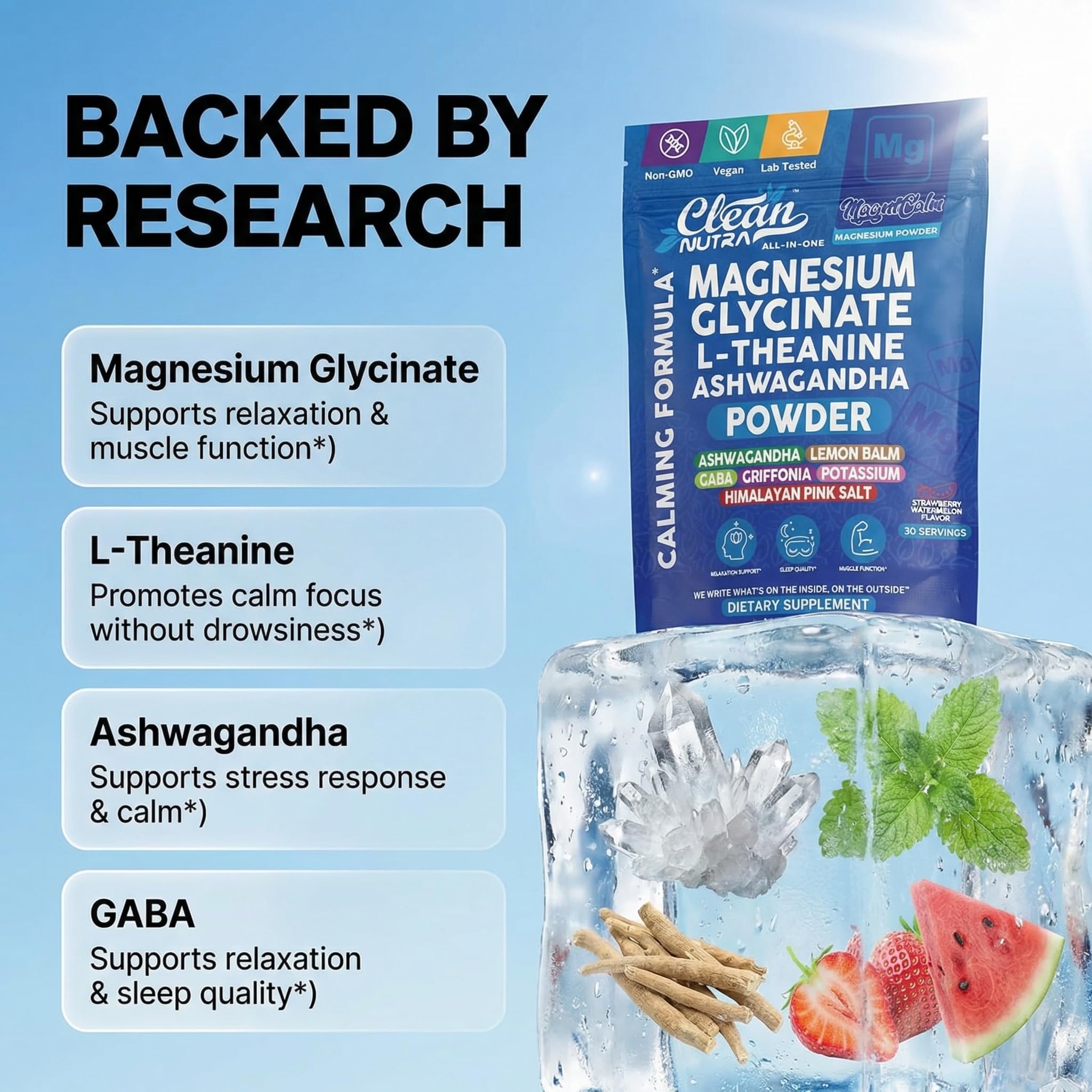 Frasco Clean Nutraceuticals mostrando la mezcla para uso relajante.