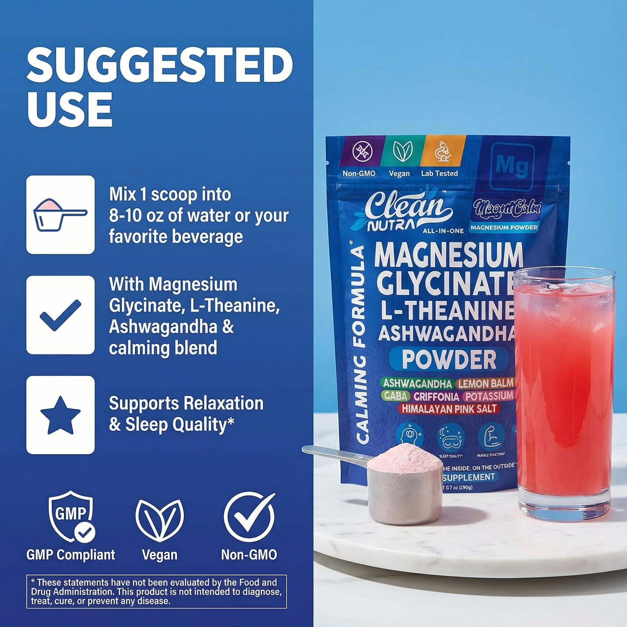 Etiqueta Clean Nutraceuticals destaca GABA y 5-HTP en la fórmula.
