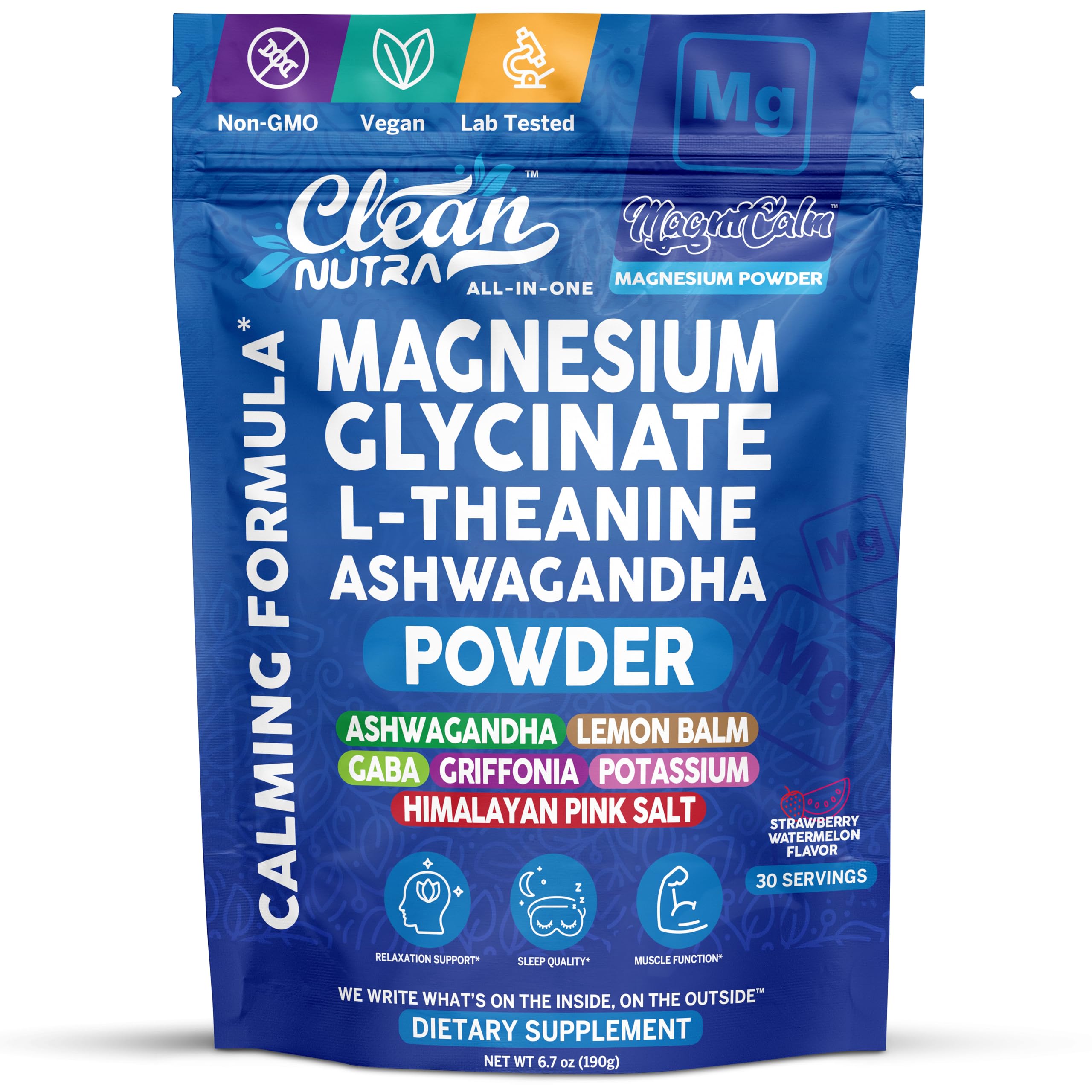 Clean Nutraceuticals magnesio glicinato polvo sabor fresa-sandía para calma diaria.