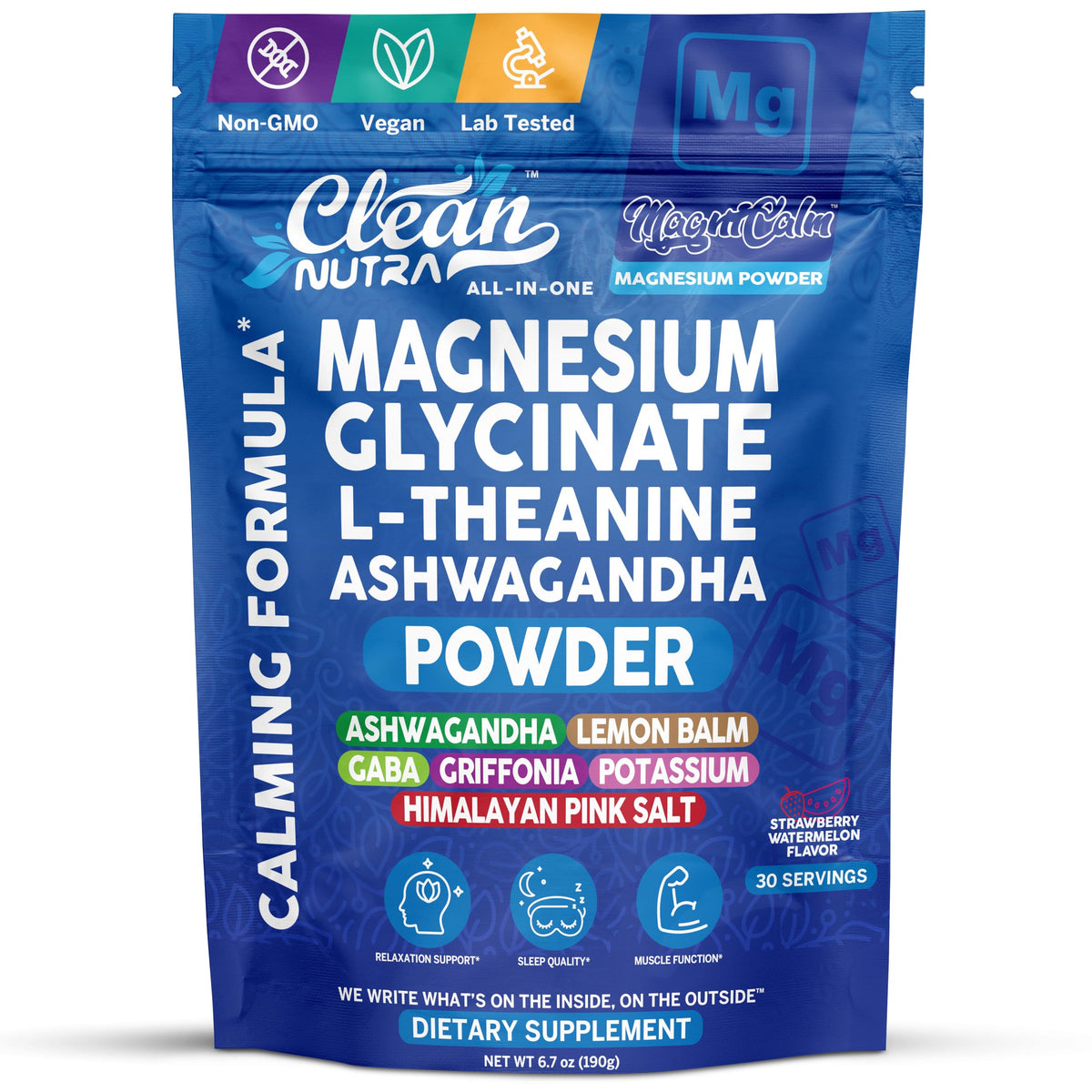 Clean Nutraceuticals magnesio glicinato polvo sabor fresa-sandía para calma diaria.
