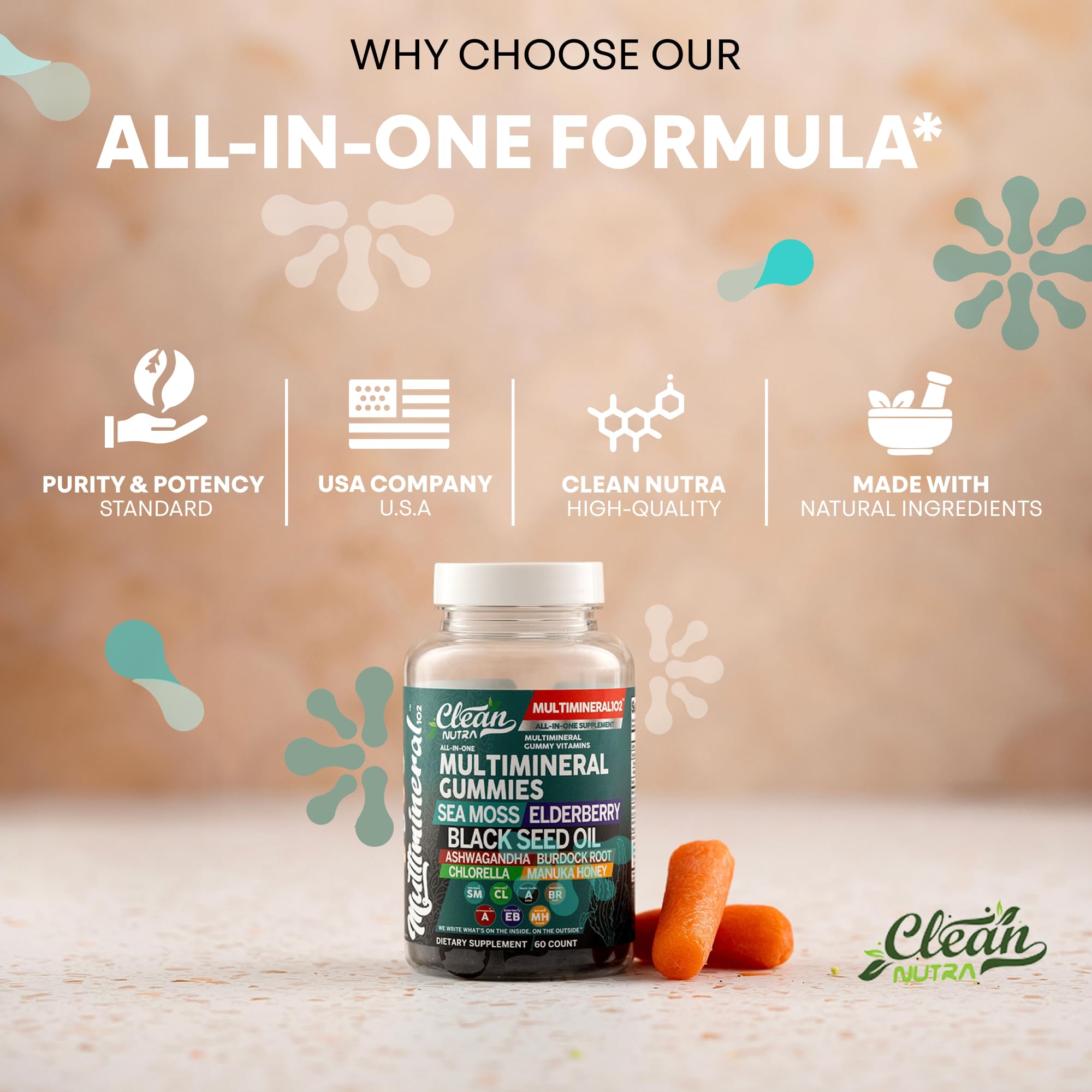 Gomitas Clean Nutraceuticals con minerales de algas y musgo de mar, fórmula completa.