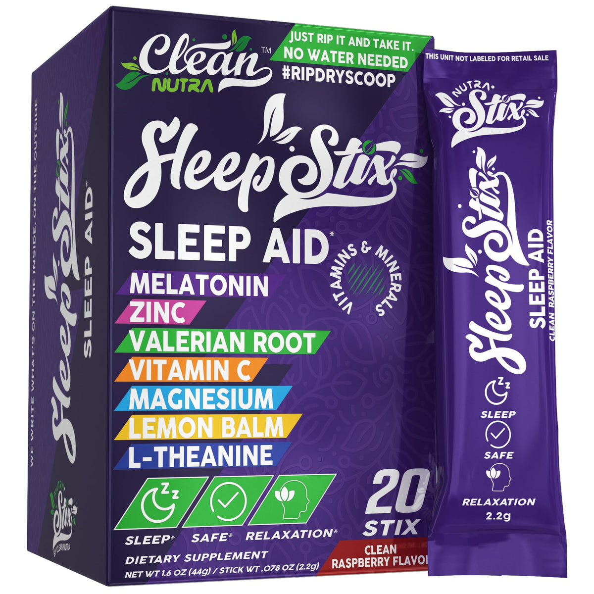 Clean Nutraceuticals palitos sueño empaque: presentación clara para dormir mejor.