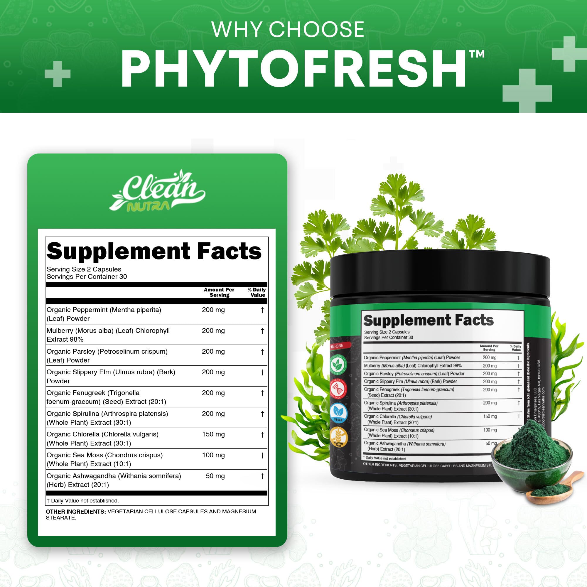 Hojas de perejil PhytoFresh, clorofila natural y aroma fresco.