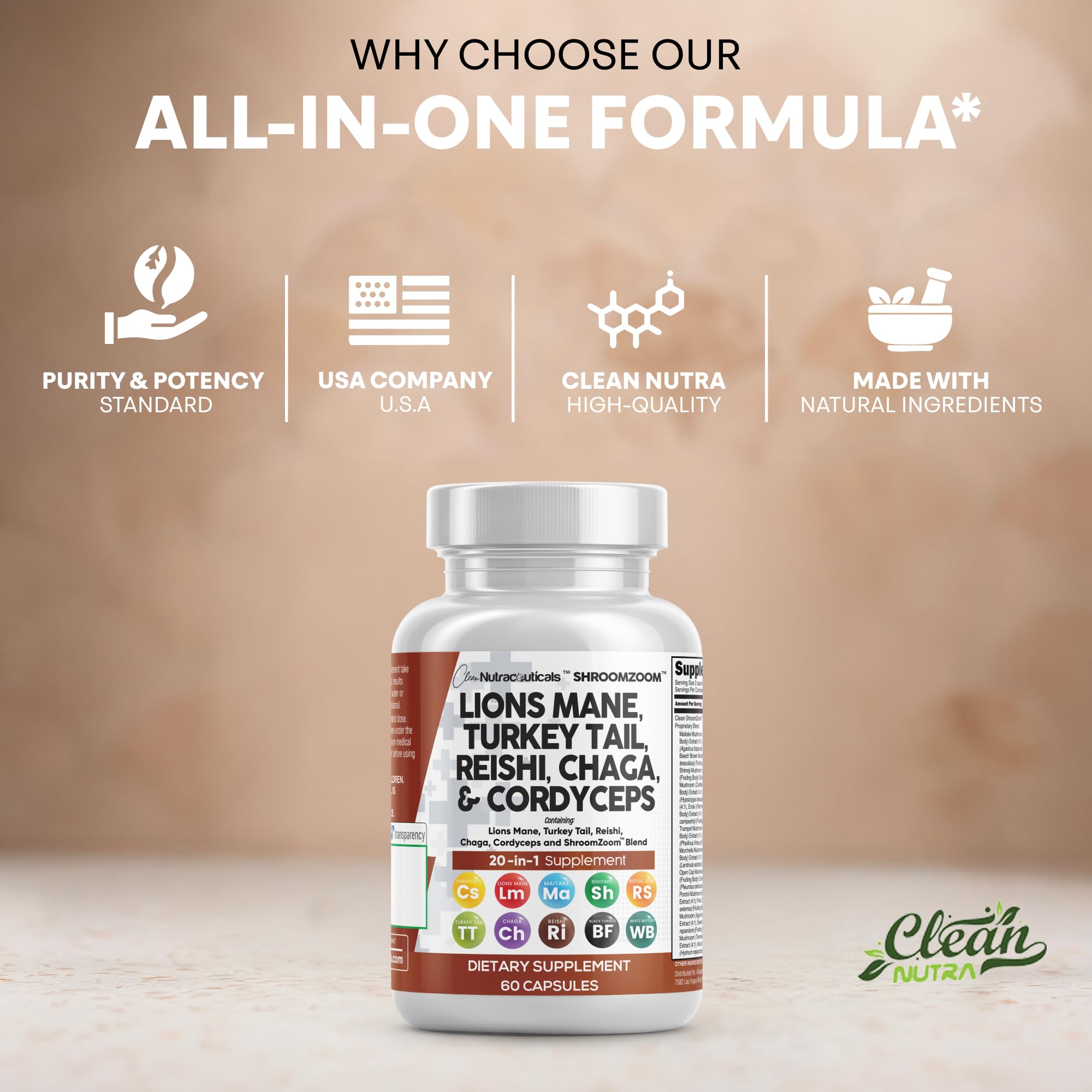 Clean Nutraceuticals Poria Cocos y Shiitake, cápsulas versátiles para cada día.