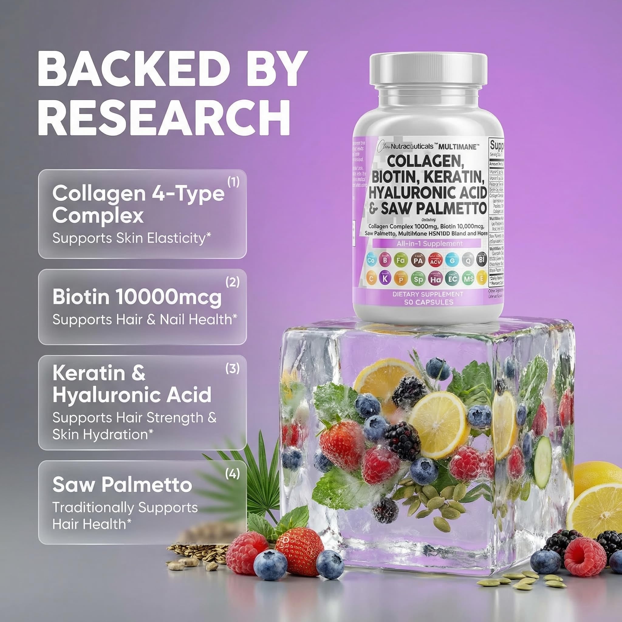 Keratina Clean Nutraceuticals en cápsulas para reparación del cabello.