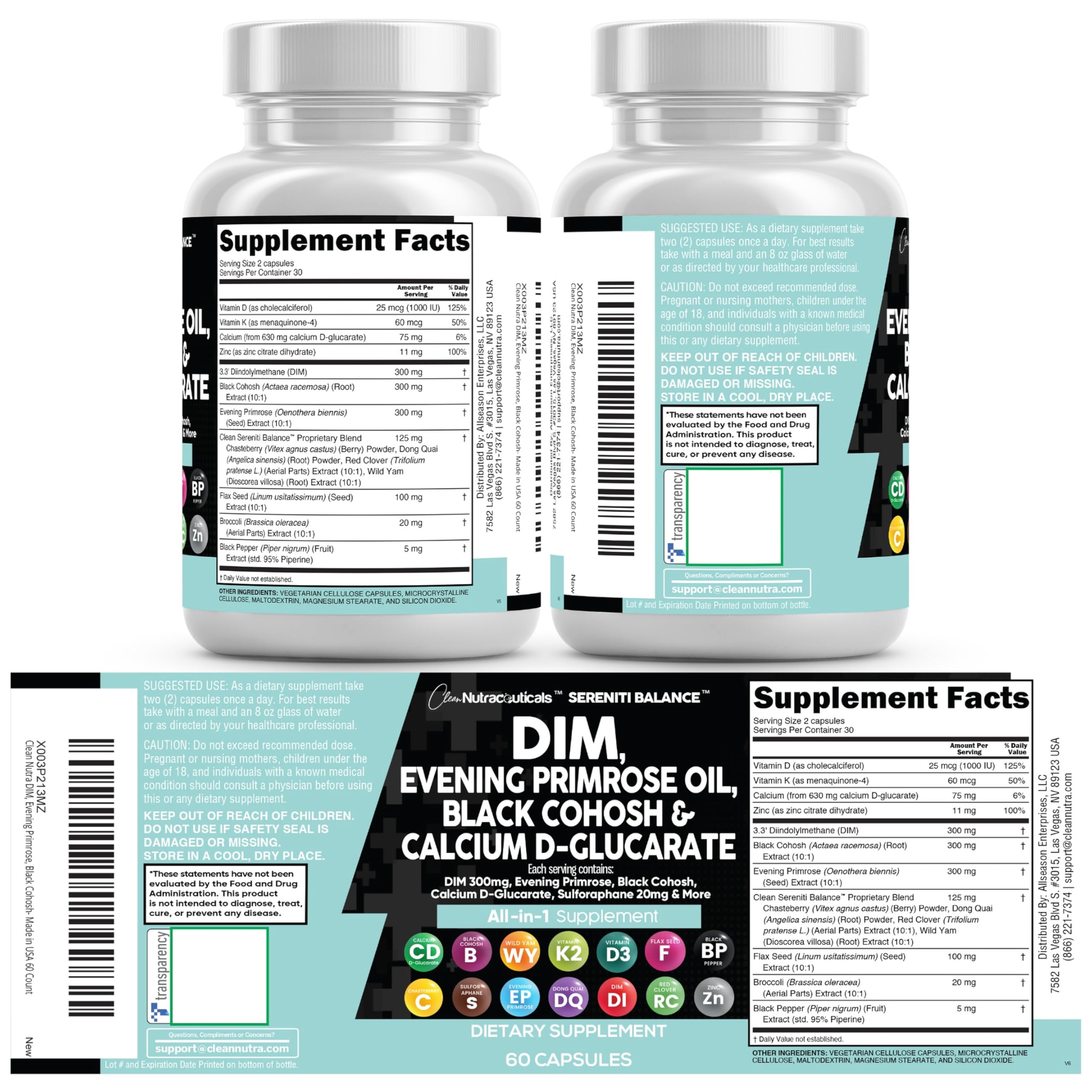 Envase de 60 cápsulas Clean Nutraceuticals Serenti Balance, uso cómodo y práctico.