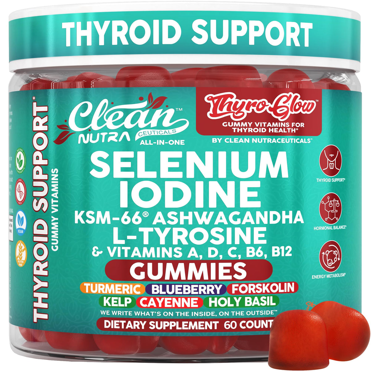 ThyroGlow de Clean Nutraceuticals – gomitas de selenio y yodo para equilibrio tiroideo.