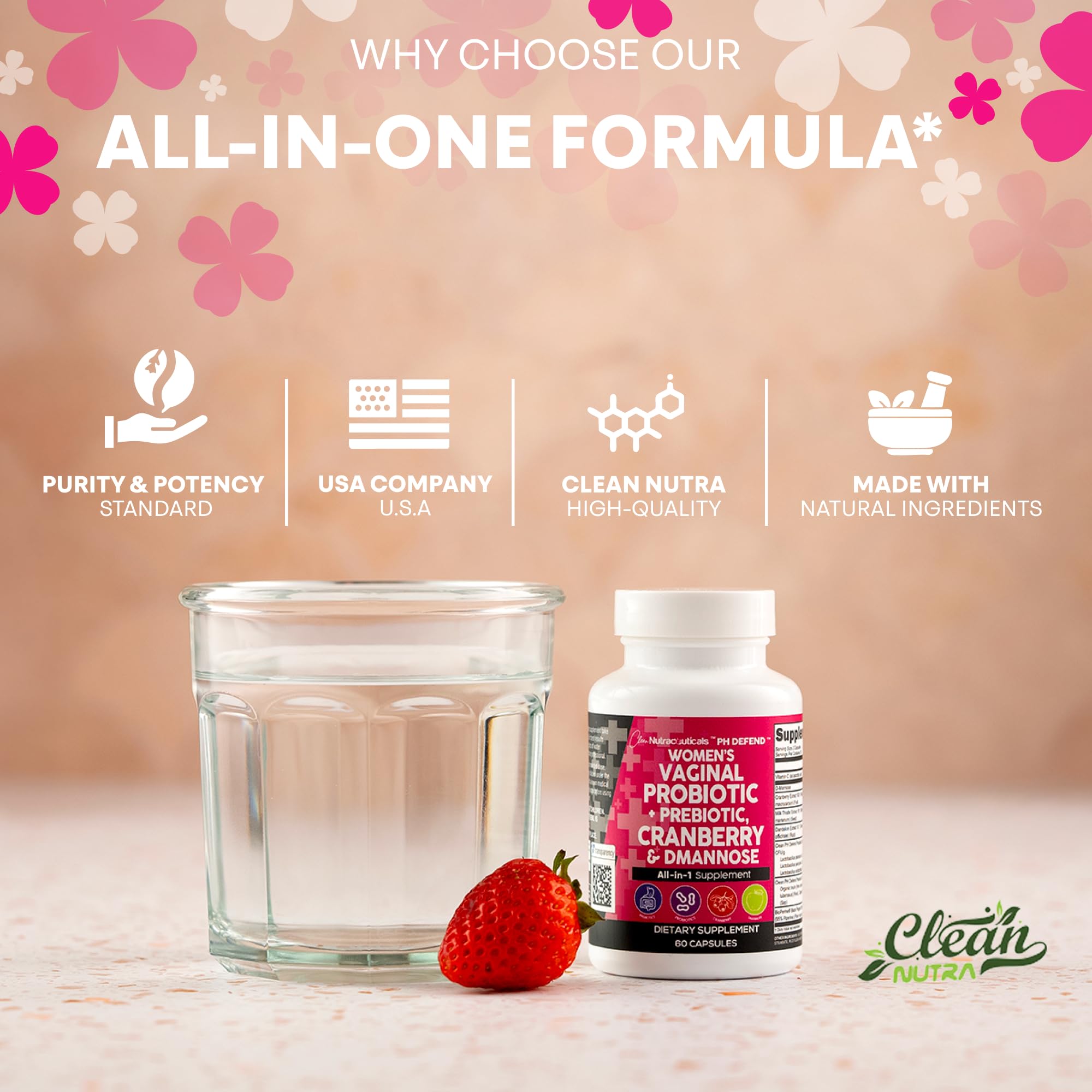 Clean Nutraceuticals Cápsulas de uso diario para bienestar íntimo.
