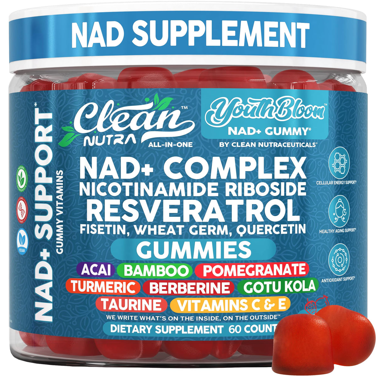 Gomitas NAD de Clean Nutraceuticals en botella, energía diaria.