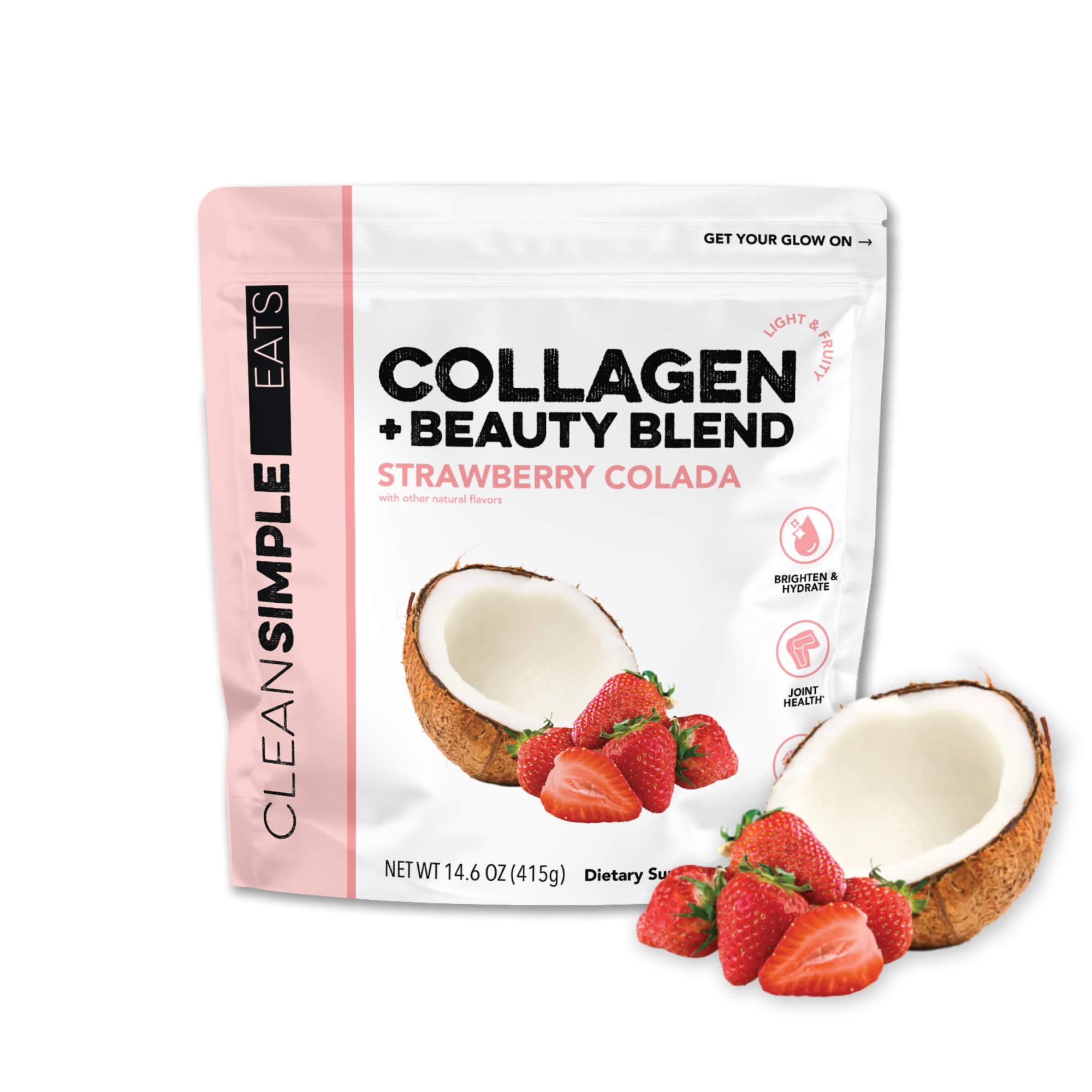 Clean Simple Eats colágeno belleza mezcla fresa colada en vaso para piel radiante