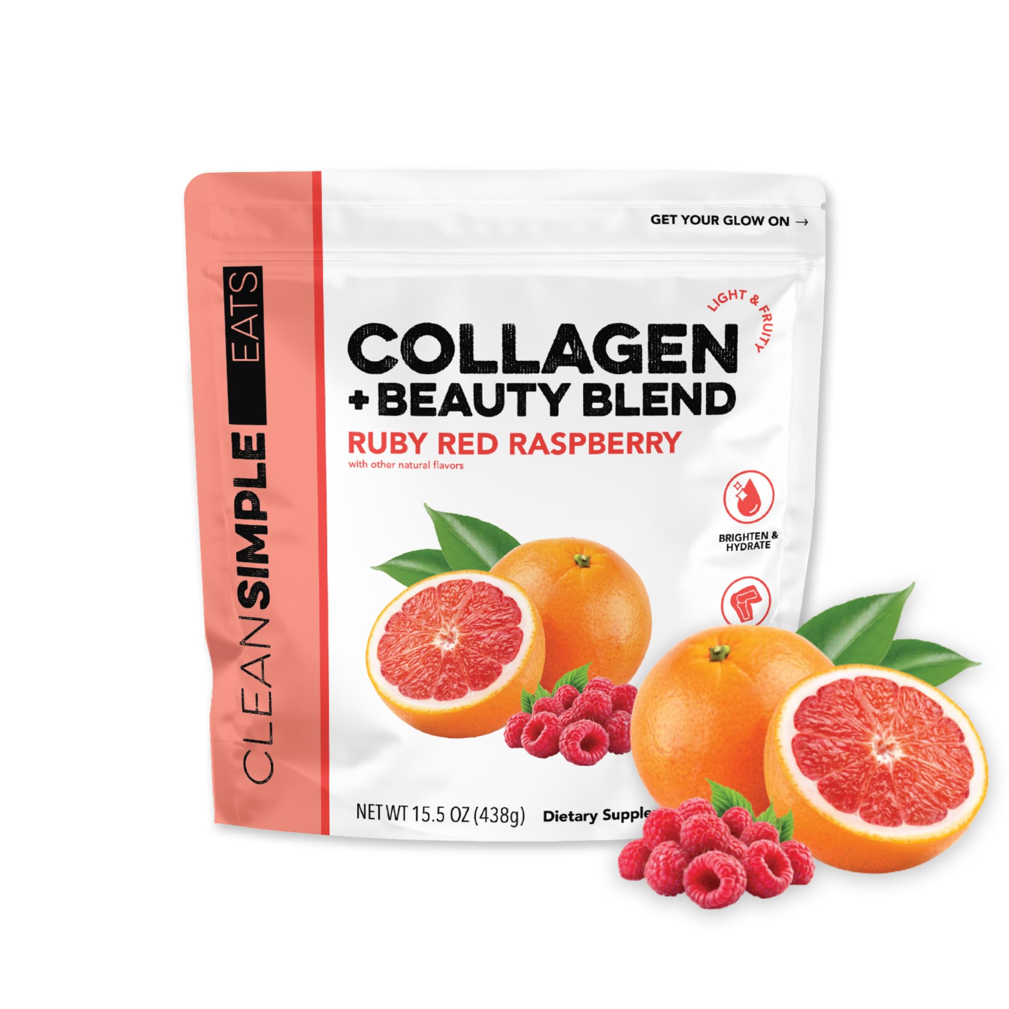 Clean Simple Eats Collagen Beauty Blend en botella, sabor frambuesa rubí para cuidado diario.