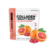 Clean Simple Eats Collagen Beauty Blend en botella, sabor frambuesa rubí para cuidado diario.