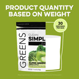 Etiqueta de Clean Simple Eats Super Greens destaca ingredientes clave y beneficios.