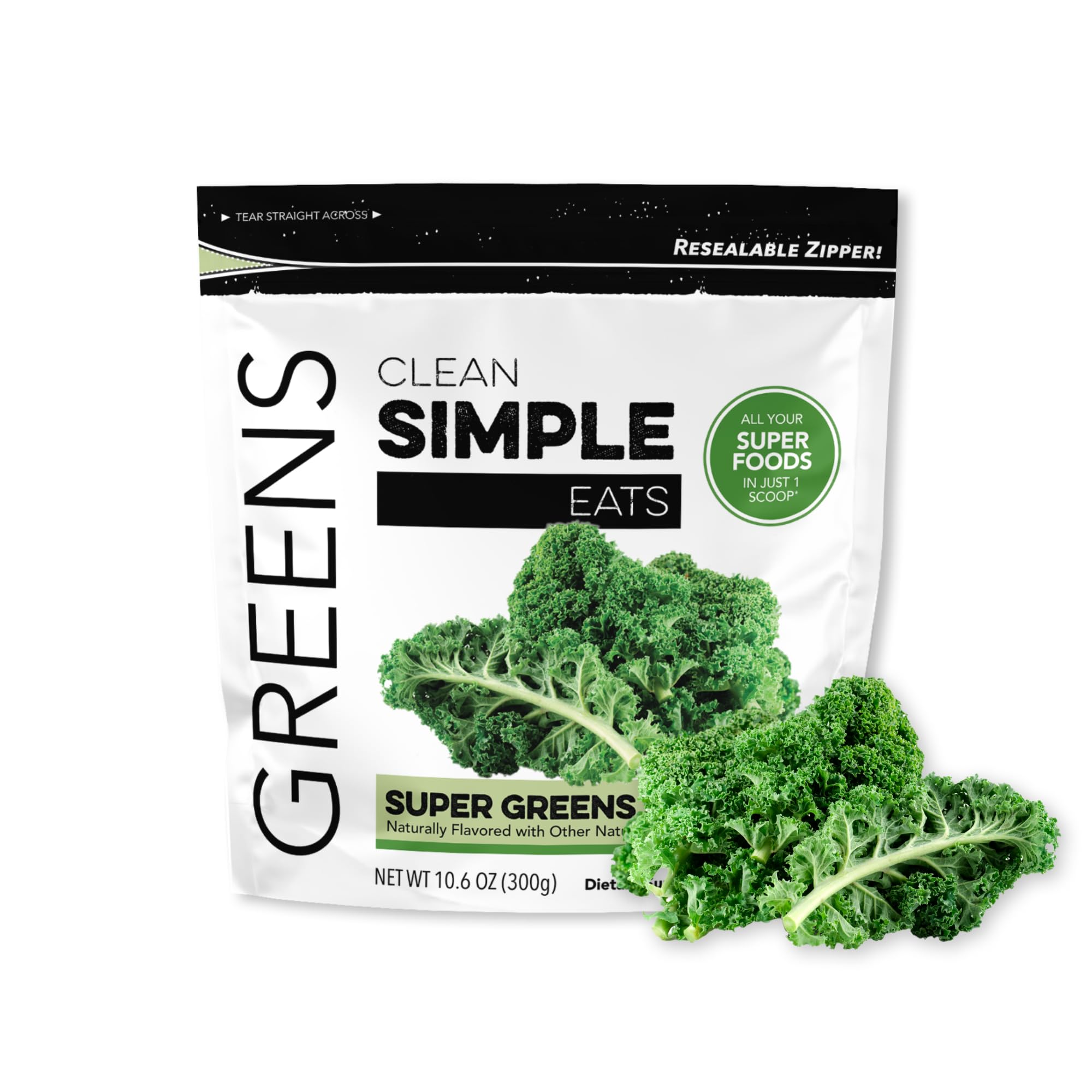 Clean Simple Eats Super Greens en bote para nutrición diaria sin aditivos.