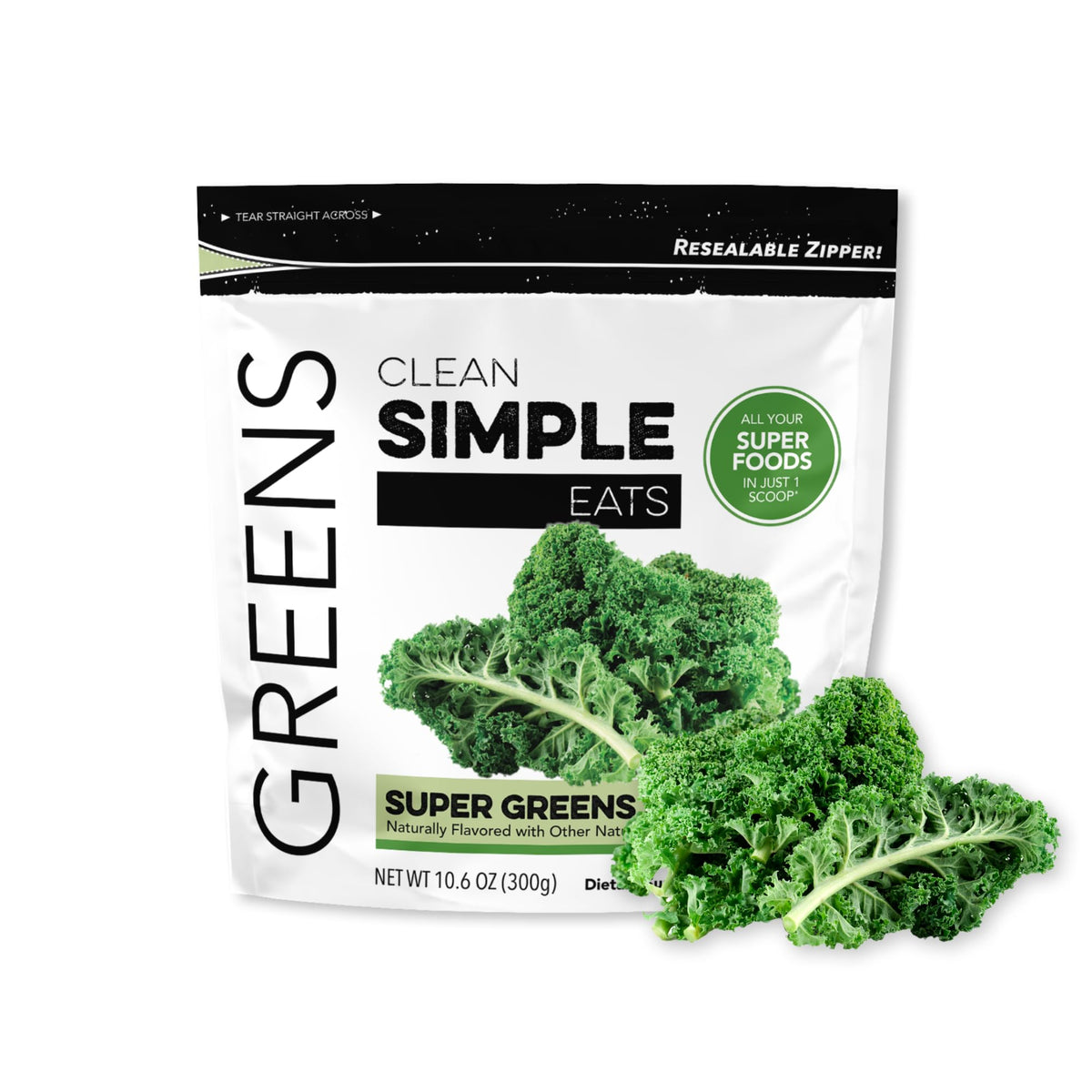 Clean Simple Eats Super Greens en bote para nutrición diaria sin aditivos.